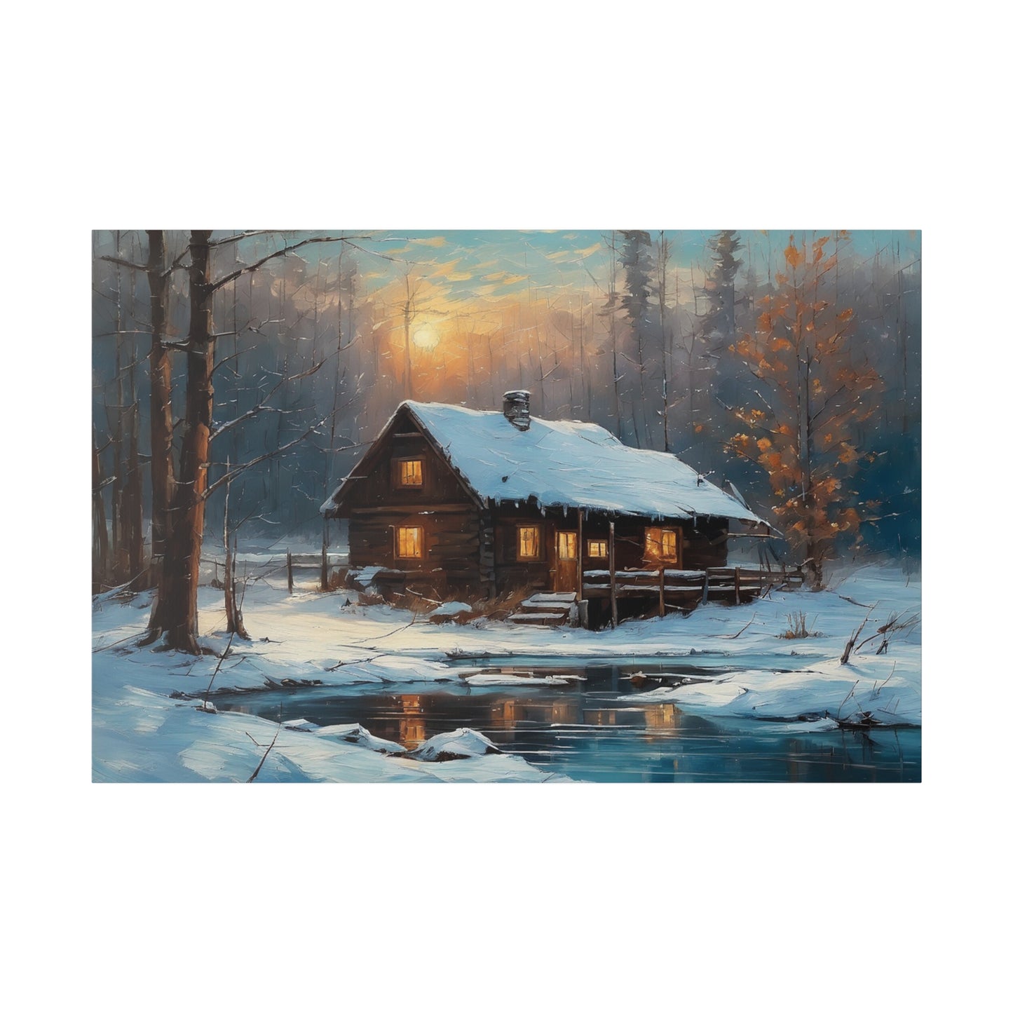 Invite the warmth and tranquility of a winter wonderland into your home with this Cozy Old Cabin in the Woods Wall Art Print. This enchanting artwork captures the serene beauty of a snow-covered landscape, where a warmly lit cabin nestles among trees beside a tranquil pond, evoking a sense of peace