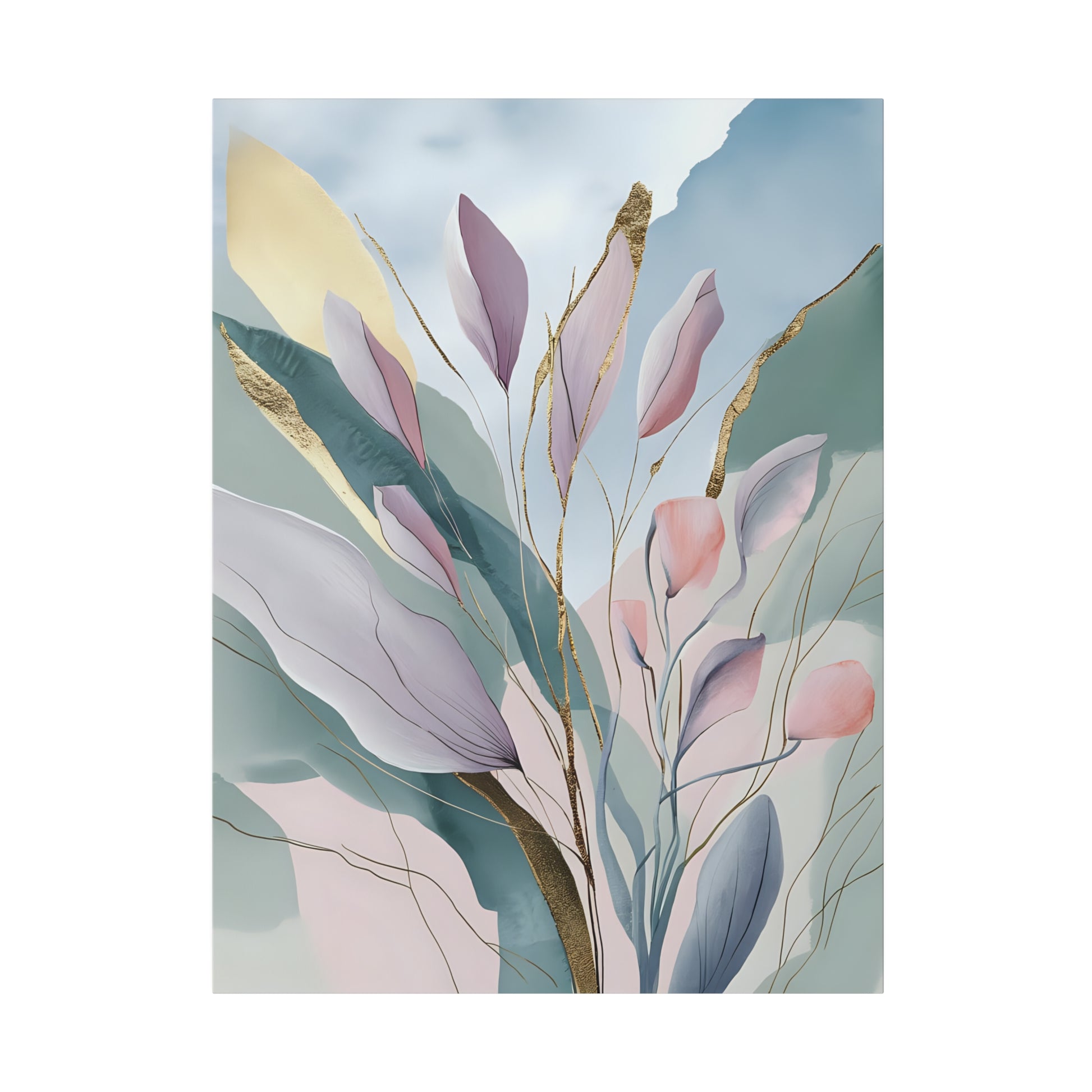 Delicate abstract watercolor leaves are depicted in soft pastel colors with accents of gold, creating a serene and ethereal composition. The background features subtle gradients of blue, green, and beige hues, adding depth and harmony to the scene.