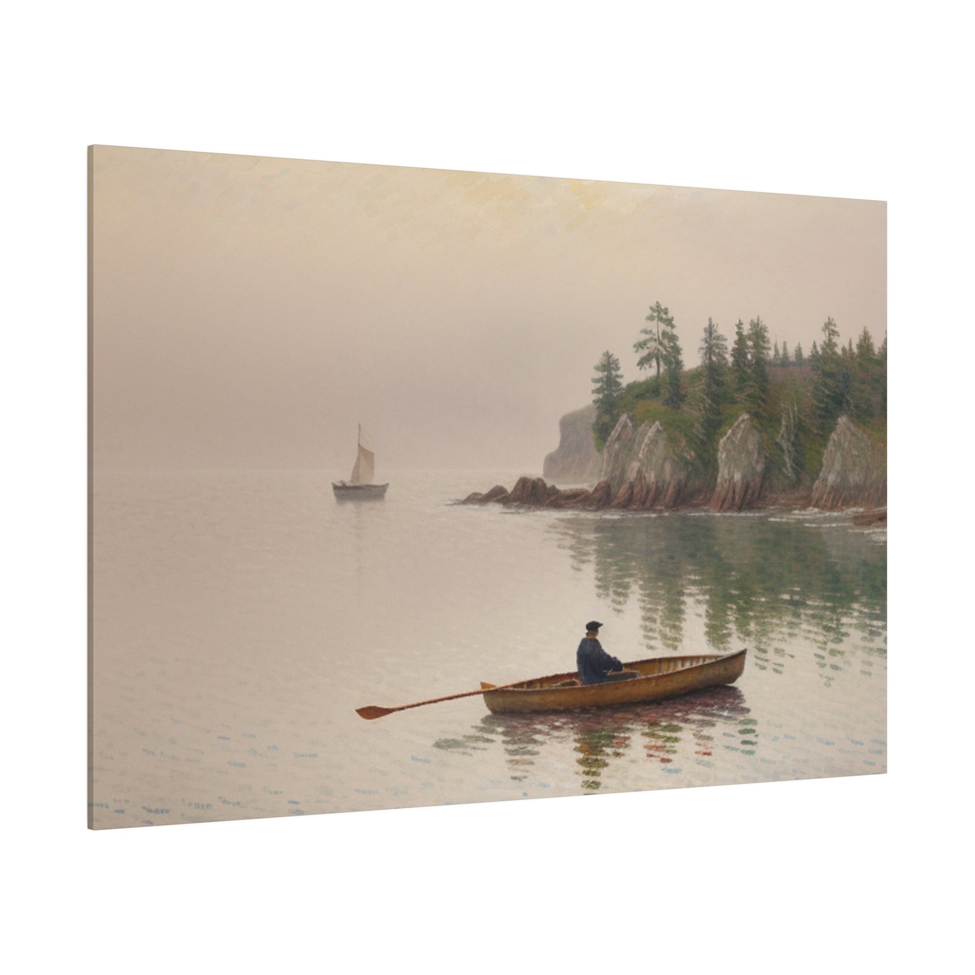 Introducing our evocative impressionism wall art print, capturing the serene journey of an old man on a canoe gliding through tranquil waters along majestic cliffs under a hazy morning sky. This print is a perfect addition to any room, offering a contemplative and peaceful focal point that inspires introspection and appreciation for the beauty of nature and life's quiet moments.