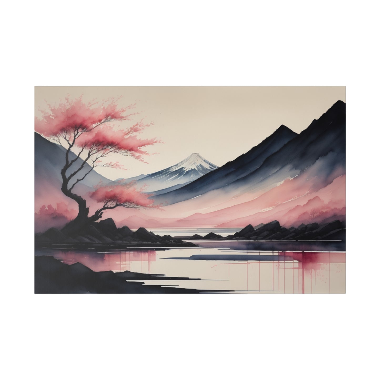 A serene abstract landscape features a snow-capped mountain in the background with hues of pink and purple adorning the sky. In the foreground, a tree with pink leaves stands beside still waters reflecting the tranquil scene.