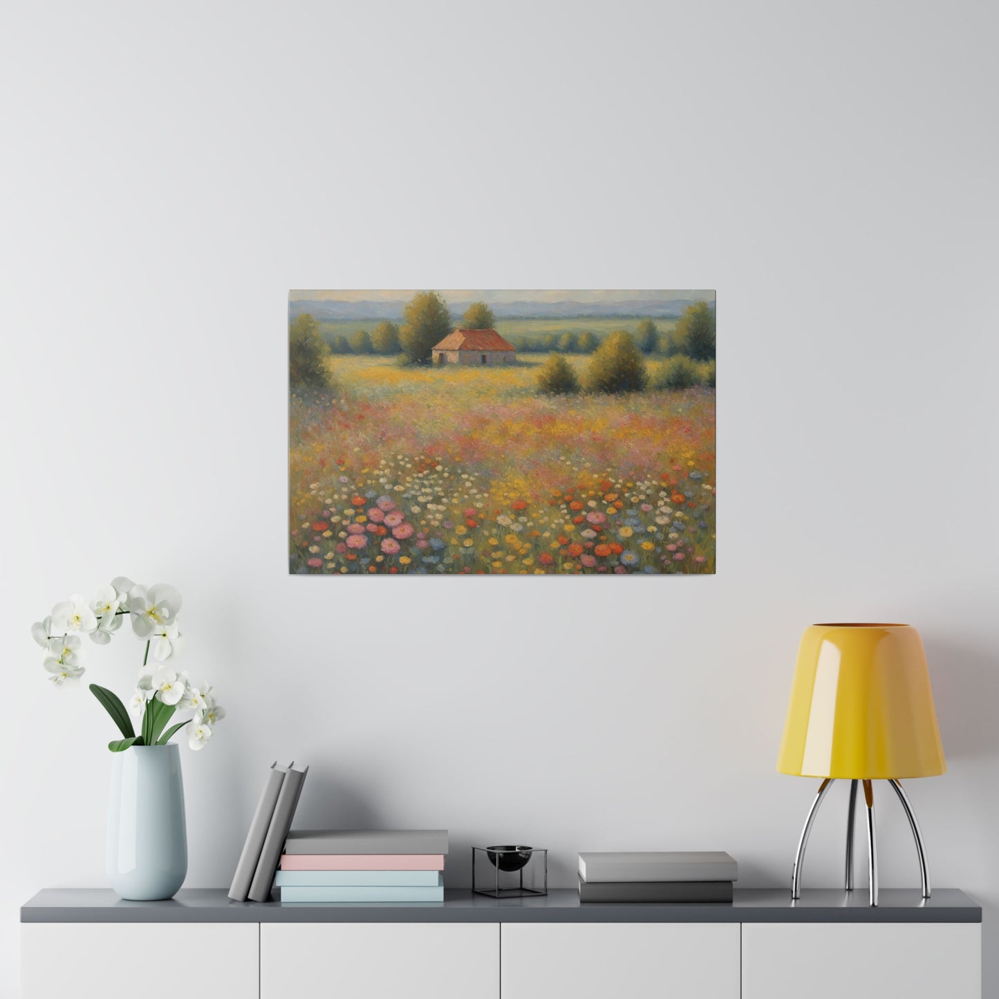 Step into the enchanting world of "Wildflower Symphony," a captivating print that celebrates the vibrant beauty of a field filled with wildflowers. This stunning piece of art effortlessly blends a variety of soft colors, including blues, violets, purples, and yellows, creating a serene and mesmerizing landscape.