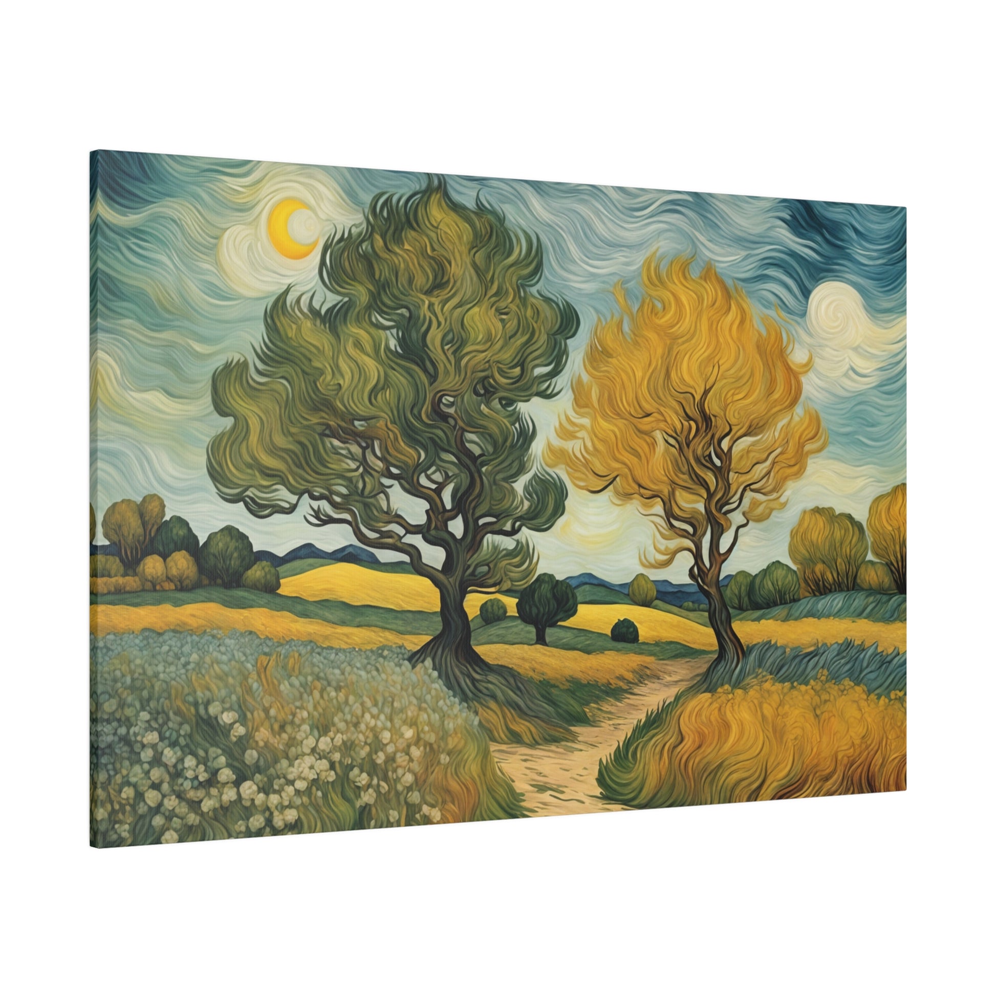 Imagine a nature-inspired painting in the distinctive style of Vincent van Gogh, where every element is infused with his signature energy and emotion. The scene is alive with swirling brushstrokes and vibrant colors, creating a landscape that feels both real and dreamlike.