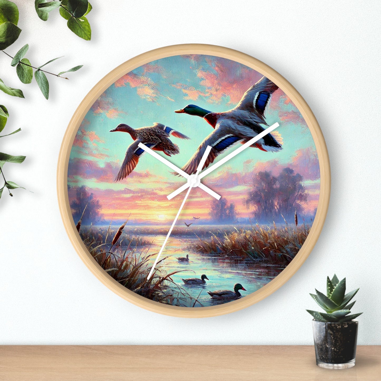 This collection of waterfowl art wall clocks brings the beauty of wetlands into your space, each clock featuring a meticulously crafted scene of waterfowl in natural settings.