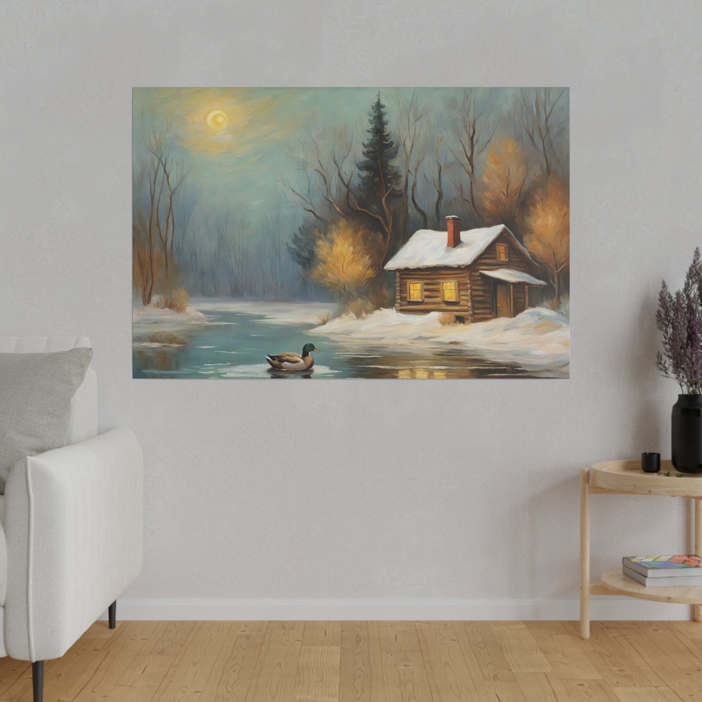 Invite the warmth and tranquility of a winter wonderland into your home with this Cozy Old Cabin in the Woods Wall Art Print. This enchanting artwork captures the serene beauty of a snow-covered landscape, where a warmly lit cabin nestles among trees beside a tranquil pond, evoking a sense of peace and comfort.