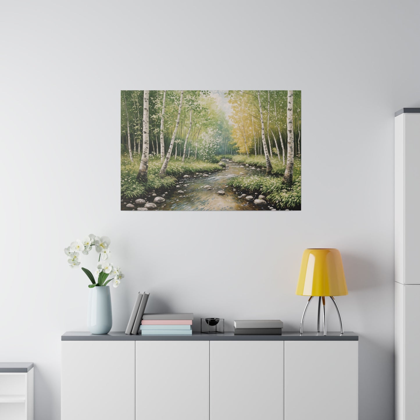 Strean Runs Through Birch Wood Forest Print