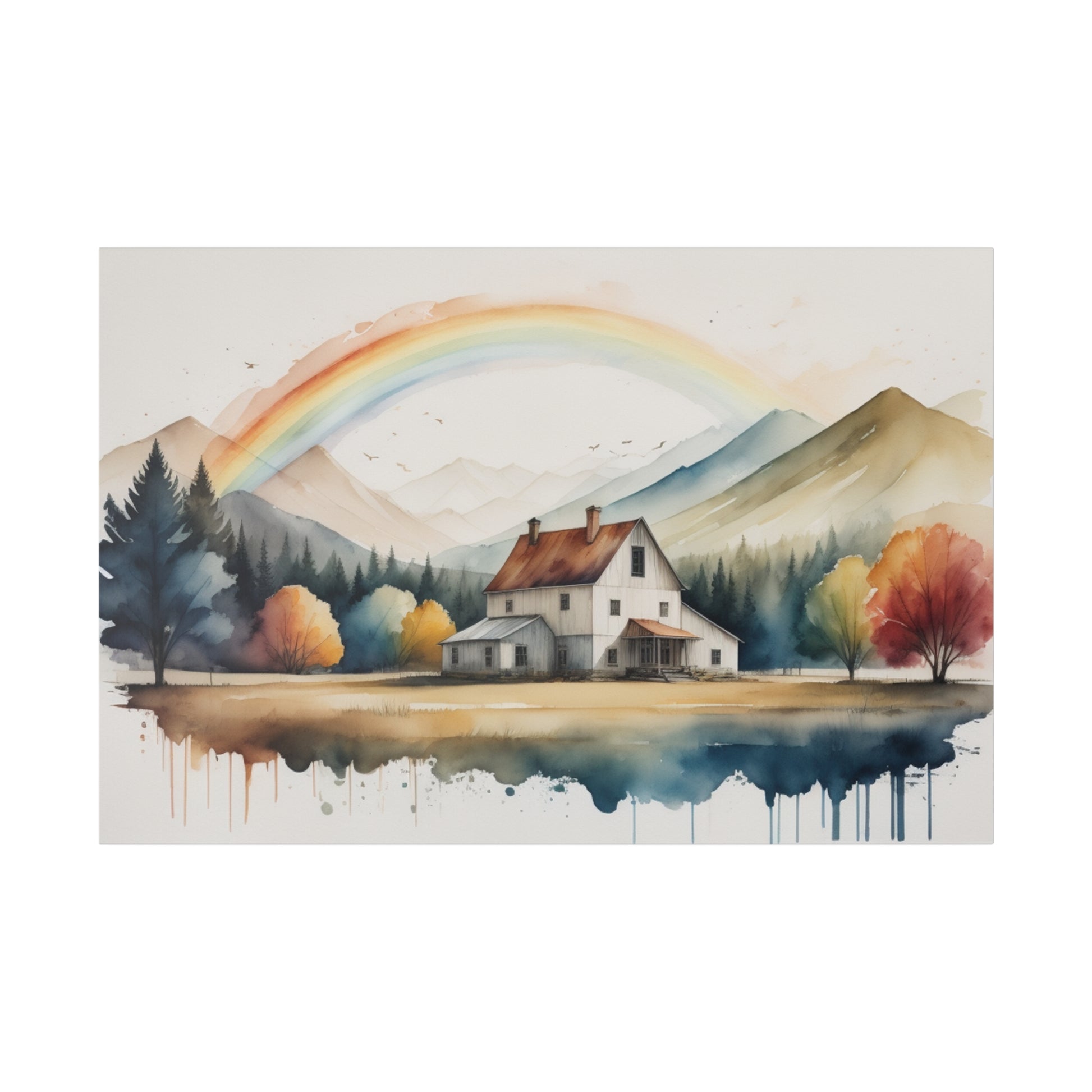 Immerse yourself in the whimsical charm of "Rainbow Over Farmhouse." The artist’s abstract watercolor technique uses fluid, translucent washes to create a dreamy and ethereal landscape. The farmhouse, with its quaint, rustic appeal, sits amidst verdant fields, while the towering mountains in the background add depth and majesty to the scene. The delicate rainbow, emerging after a light shower, casts a magical glow, enhancing the overall sense of peace and wonder. This print is perfect for any room seeking a