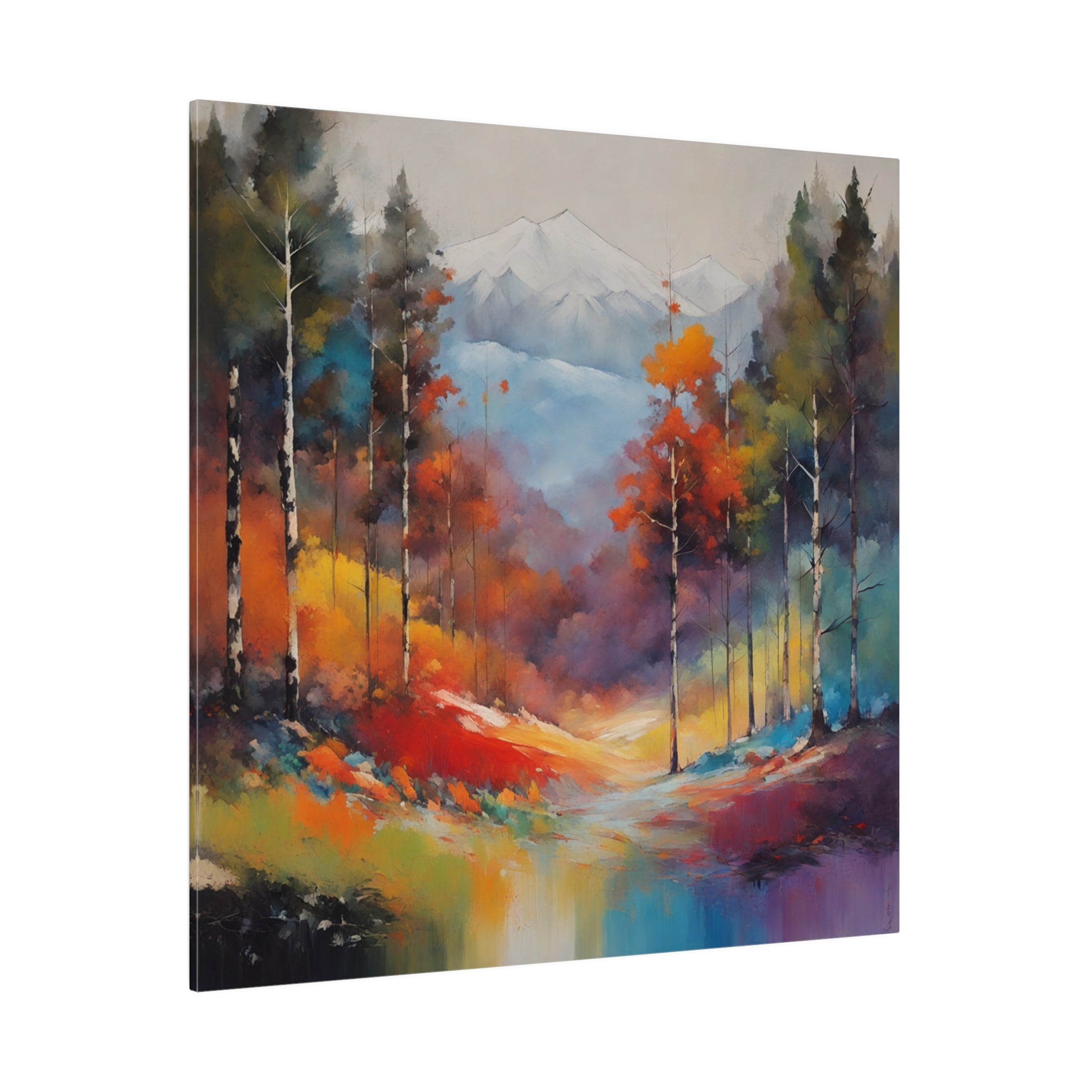 Forest and Snow Cap Mountain Canvas Print is an evocative abstract canvas print that transports viewers to a serene forest trail, flanked by towering snow-capped mountains in the distance. This artwork blends the tranquility of a wooded path with the majestic beauty of alpine heights, captured through a modern and abstract artistic lens.