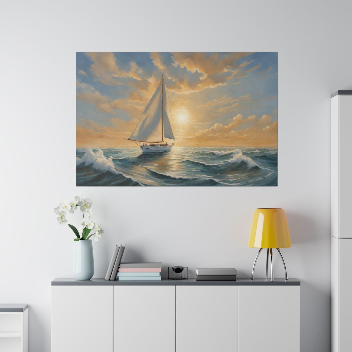 Embark on a journey of tranquil adventure with "Sailing Through Serenity," a captivating print that portrays a sailboat gliding gracefully through choppy ocean waves. Above, the sun breaks through the clouds, casting radiant beams of light onto the restless sea. This artwork combines dynamic movement with serene beauty, making it a perfect piece to bring a touch of nautical elegance to any space.