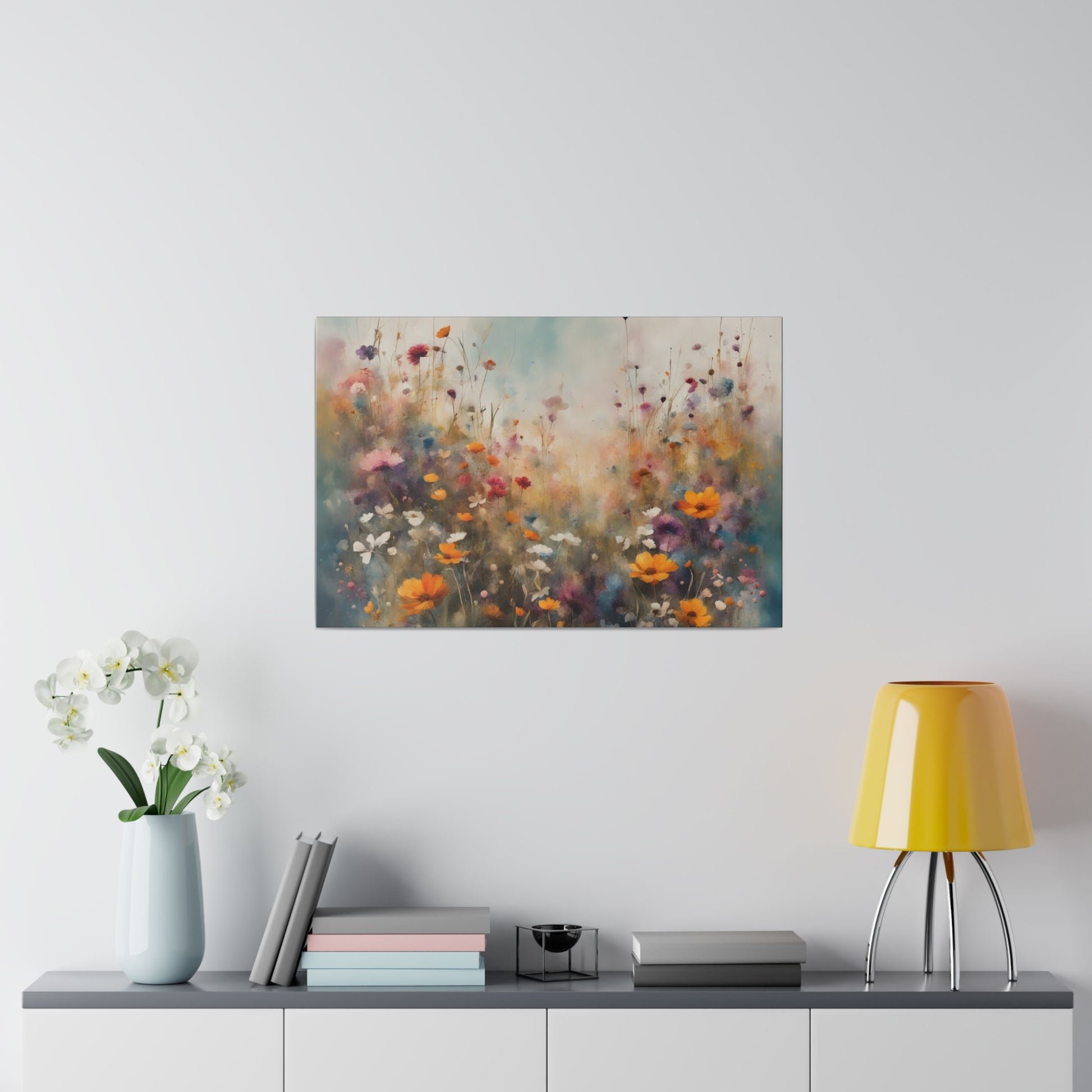 Step into the enchanting world of "Wildflower Symphony," a captivating print that celebrates the vibrant beauty of a field filled with wildflowers. This stunning piece of art effortlessly blends a variety of soft colors, including blues, violets, purples, and yellows, creating a serene and mesmerizing landscape.