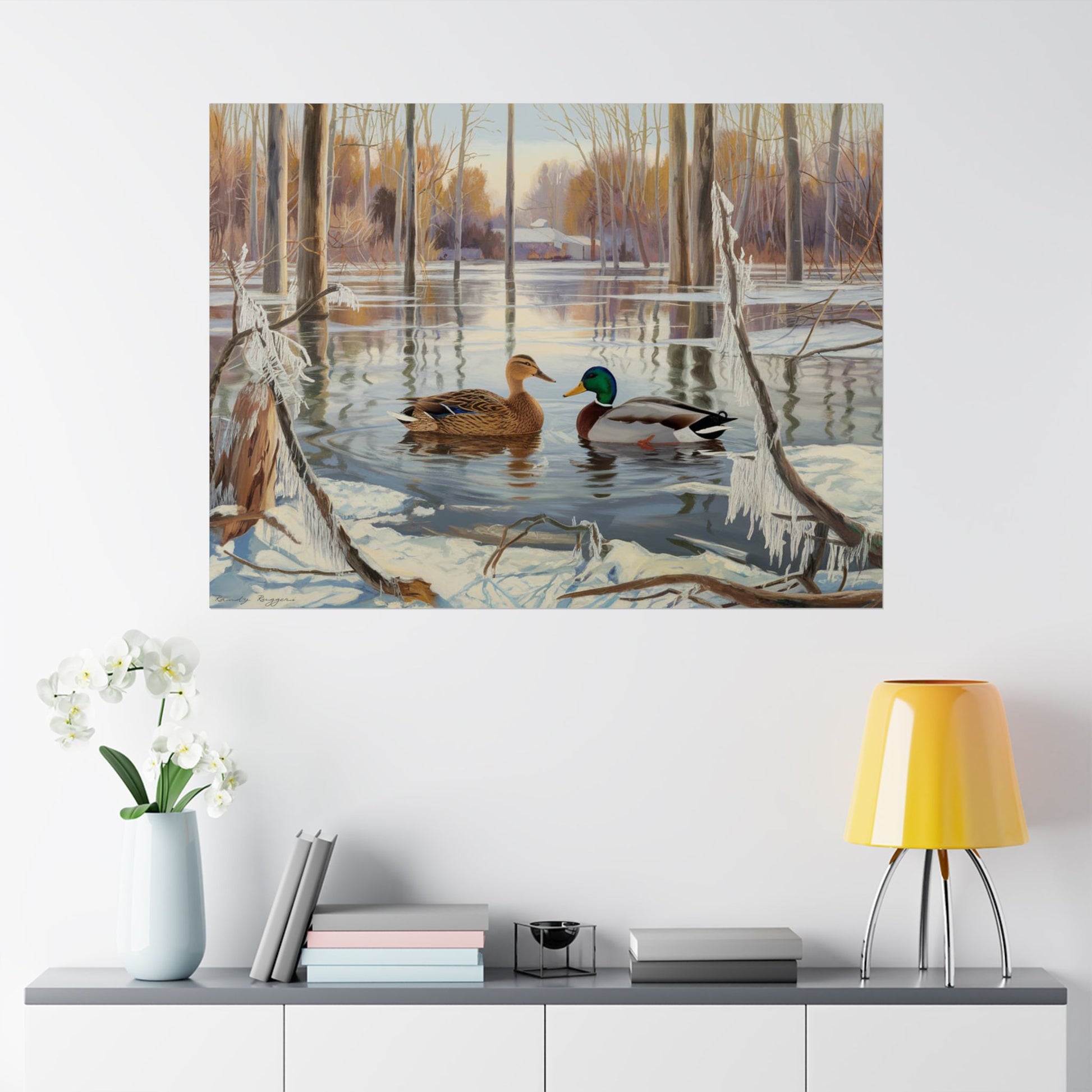 Flooded Timber Winter Ice Land Mallard Duck Print