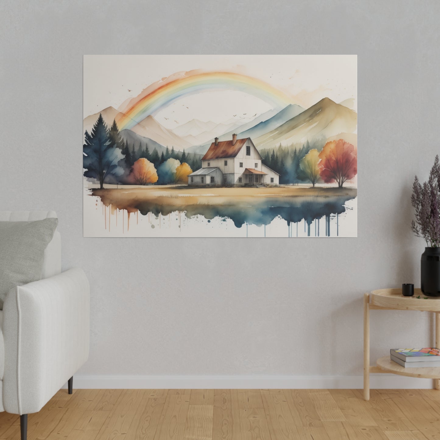 Immerse yourself in the whimsical charm of "Rainbow Over Farmhouse." The artist’s abstract watercolor technique uses fluid, translucent washes to create a dreamy and ethereal landscape. The farmhouse, with its quaint, rustic appeal, sits amidst verdant fields, while the towering mountains in the background add depth and majesty to the scene. The delicate rainbow, emerging after a light shower, casts a magical glow, enhancing the overall sense of peace and wonder. This print is perfect for any room seeking a