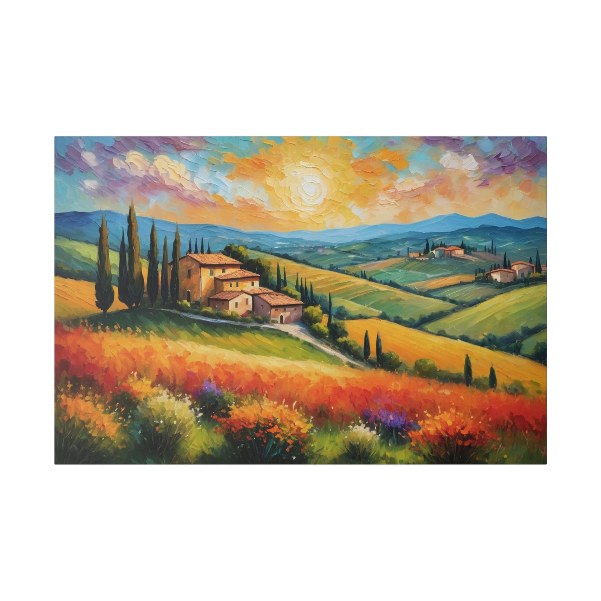 Experience the beauty and romance of Italy's Tuscany region with our stunning Van Gogh Style wine country print. Transport yourself to rolling hills, vineyards, and picturesque villages with this vibrant and captivating piece. Perfect for adding a touch of sophistication and wanderlust to any space.