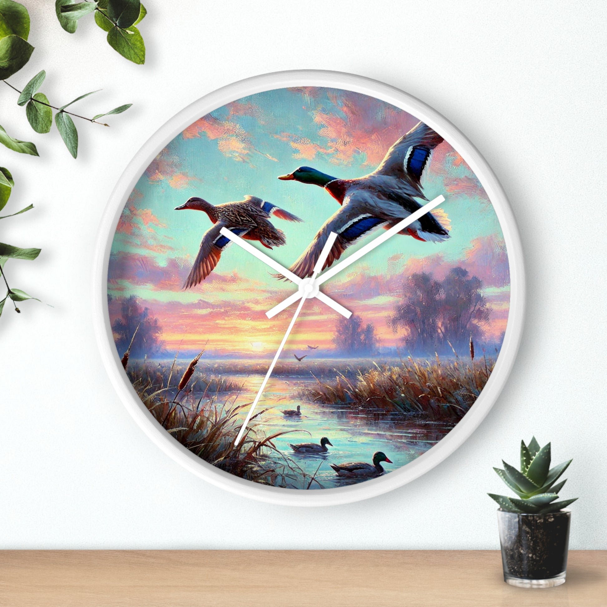 This collection of waterfowl art wall clocks brings the beauty of wetlands into your space, each clock featuring a meticulously crafted scene of waterfowl in natural settings.