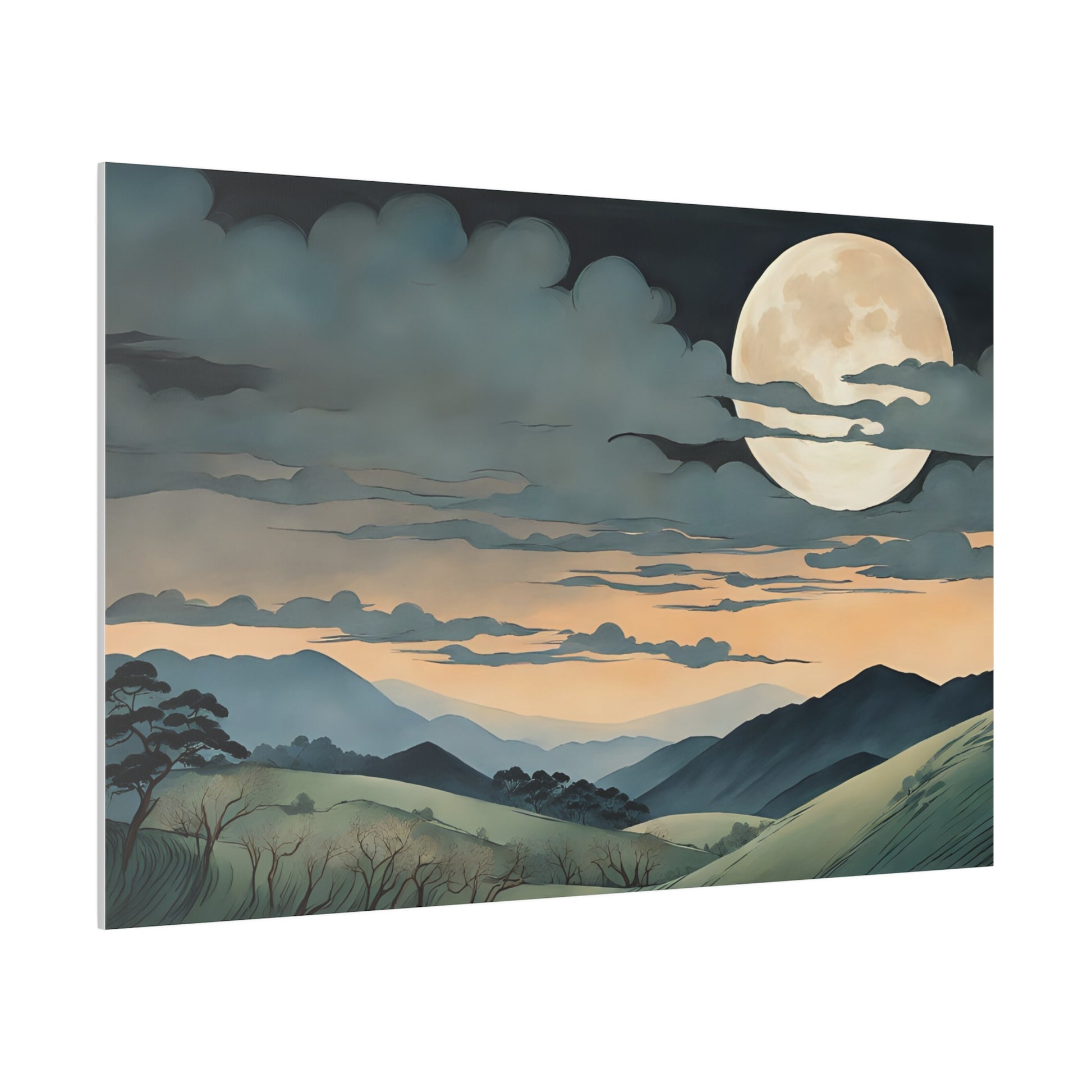 Embrace the timeless aesthetic of traditional Japanese art with "Moonlit Serenity." The harmonious composition features gracefully curved hills and imposing mountains, painted in muted earth tones that reflect the natural beauty of the landscape. The bright moon and drifting clouds create a balanced interplay of light and shadow, evoking a sense of calm and introspection. Perfect for living rooms, bedrooms, or meditation spaces, this print brings the serene elegance of Japanese landscapes into your home.