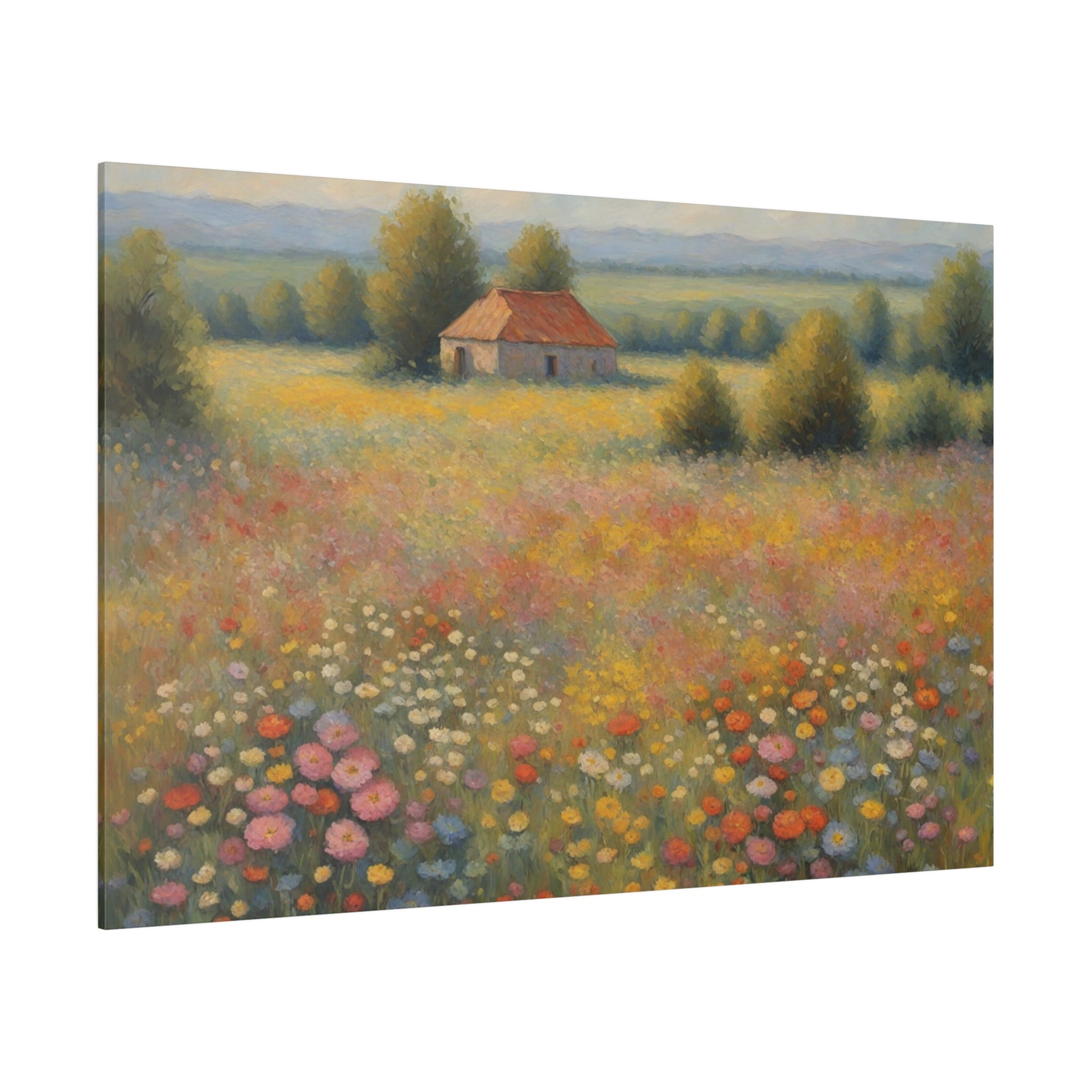 Step into the enchanting world of "Wildflower Symphony," a captivating print that celebrates the vibrant beauty of a field filled with wildflowers. This stunning piece of art effortlessly blends a variety of soft colors, including blues, violets, purples, and yellows, creating a serene and mesmerizing landscape.