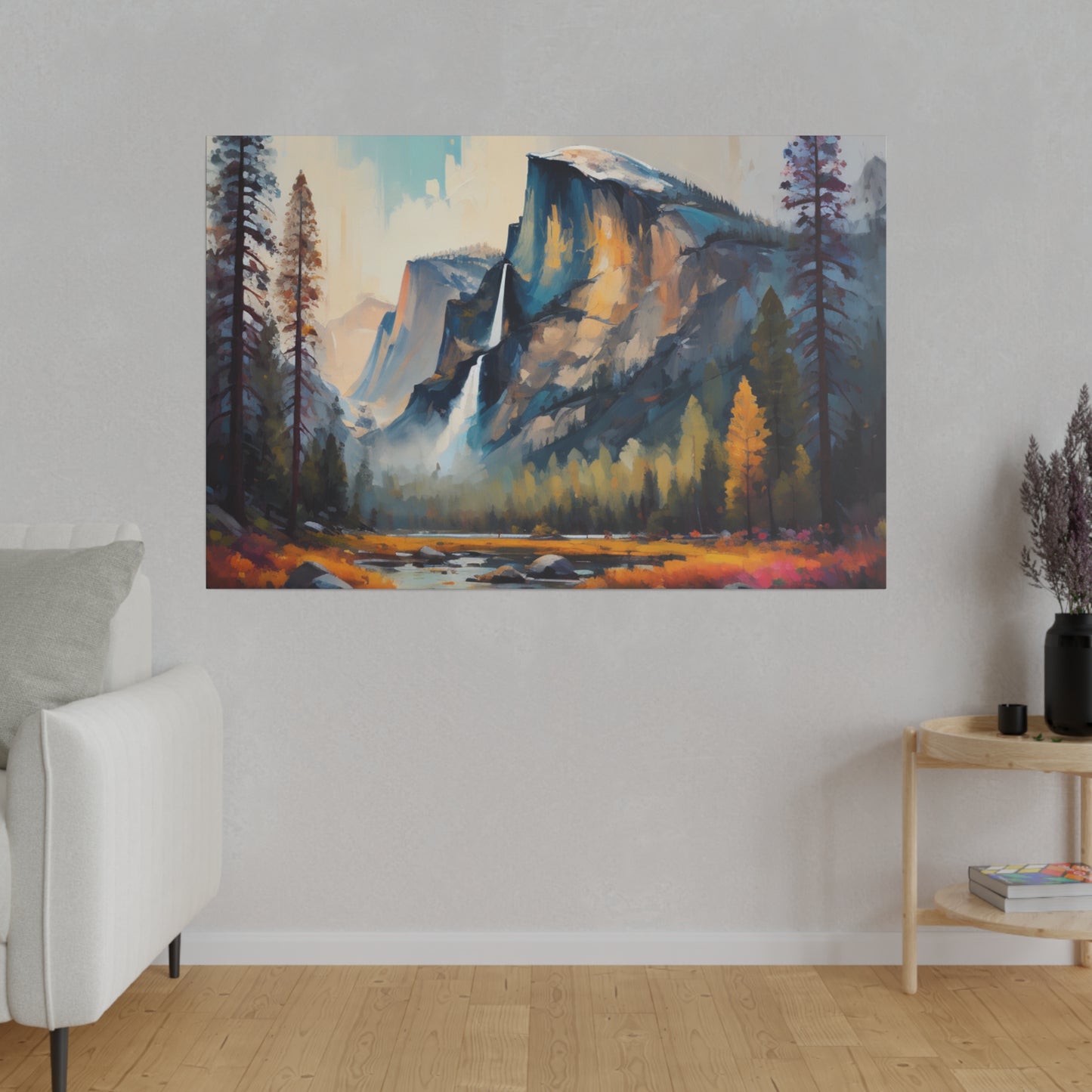 This stunning abstract canvas print, titled "Ethereal Granite Majesty," captures the awe-inspiring beauty of Yosemite National Park through a contemporary and imaginative lens. The artwork reimagines the iconic granite cliffs and lush valleys in a burst of vibrant, swirling colors that merge and dance across the canvas.