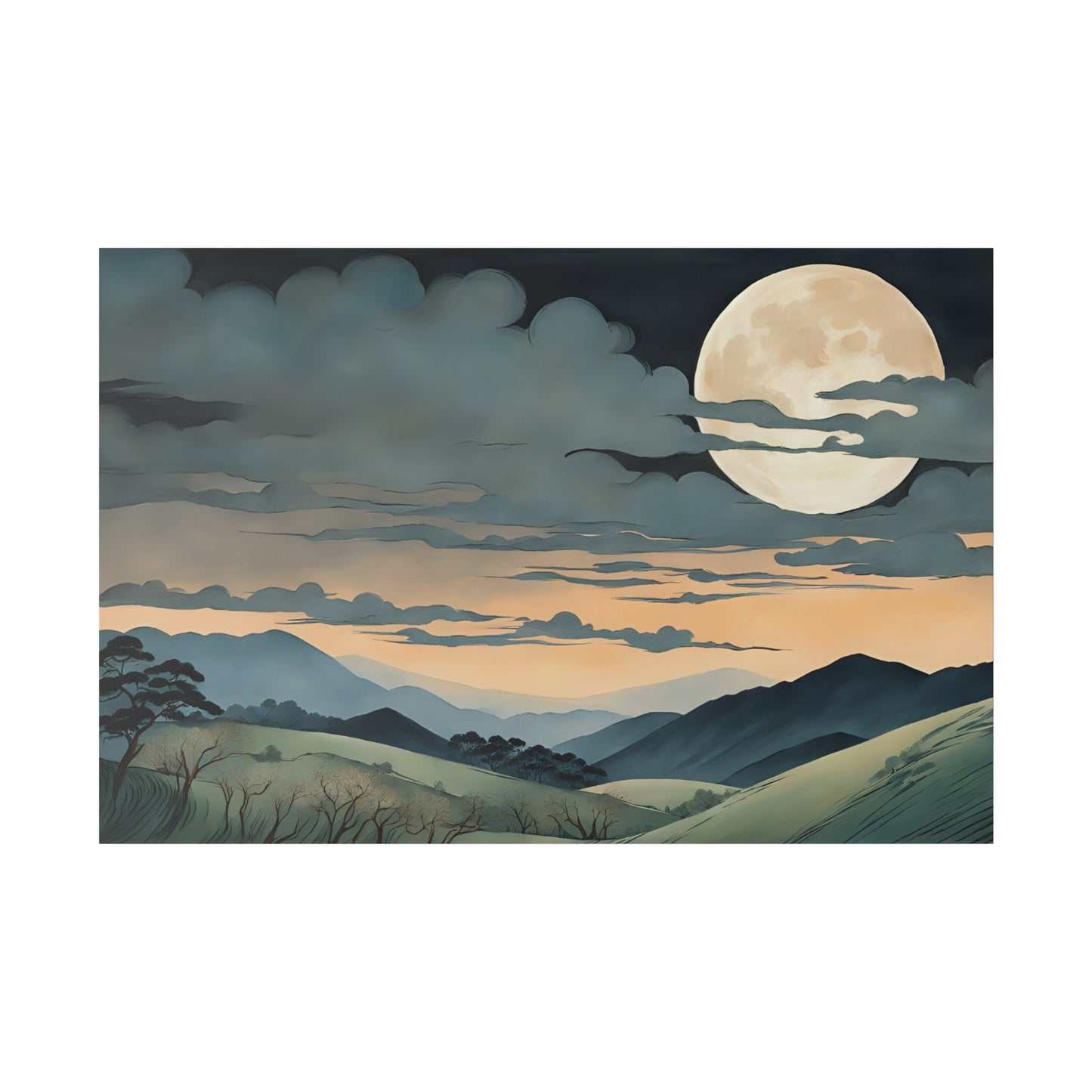 Embrace the timeless aesthetic of traditional Japanese art with "Moonlit Serenity." The harmonious composition features gracefully curved hills and imposing mountains, painted in muted earth tones that reflect the natural beauty of the landscape. The bright moon and drifting clouds create a balanced interplay of light and shadow, evoking a sense of calm and introspection. Perfect for living rooms, bedrooms, or meditation spaces, this print brings the serene elegance of Japanese landscapes into your home.