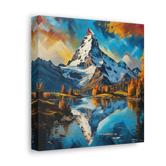 Dive into the stunning beauty of "Reflections of the Matterhorn," an abstract print that captures the vibrant essence of the iconic mountains mirrored in the pristine lakes below. This dynamic artwork utilizes a palette of bold, vivid colors to create a mesmerizing scene where the majestic Matterhorn peaks are perfectly reflected in serene waters. Ideal for adding a touch of nature-inspired wonder and contemporary art to any space, this print transforms your decor into a breat