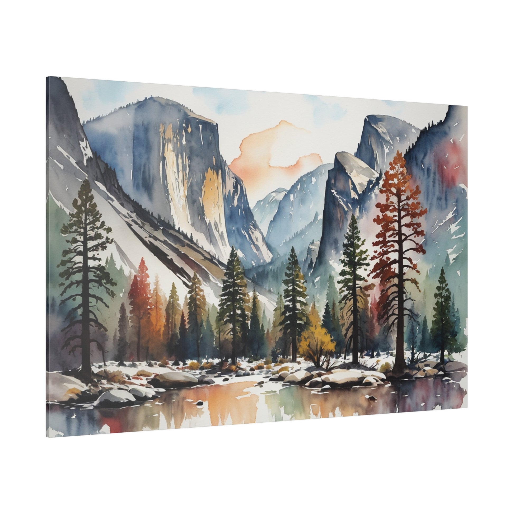 This stunning abstract canvas print, titled "Ethereal Granite Majesty," captures the awe-inspiring beauty of Yosemite National Park through an abstract watercolor imaginative lens. The artwork reimagines the iconic granite cliffs and lush valleys in a burst of vibrant, swirling colors that merge and dance across the canvas.