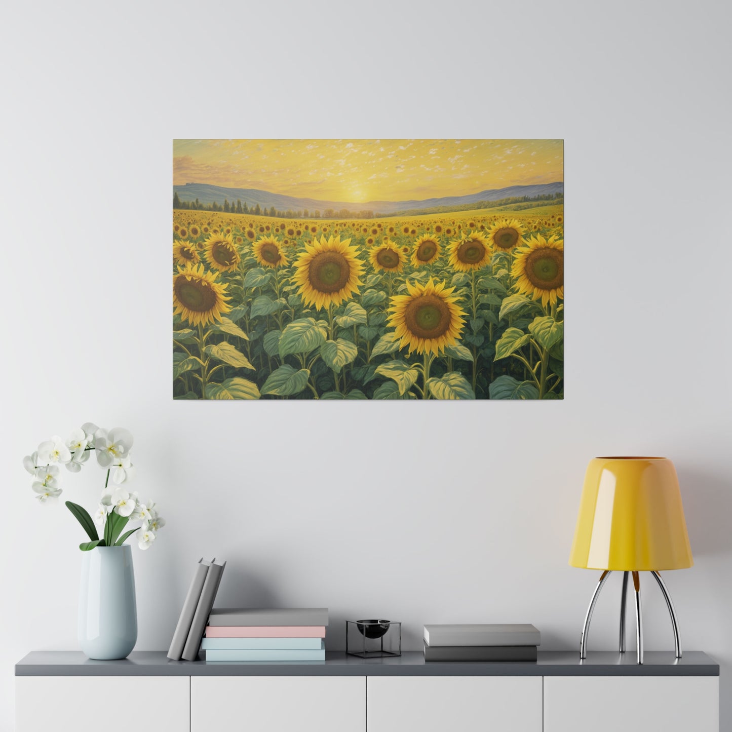 Bask in the golden glow of "Sunrise in Sunflower Valley," an enchanting impressionist print that captures the radiant beauty of a sunflower field at dawn. This exquisite artwork showcases sunflowers bathed in the soft, warm light of the rising sun, while a gentle haze blankets the high rolling hills in the background. Perfect for bringing a touch of warmth and natural splendor to any space, this print transforms your decor into a vibrant and serene haven.