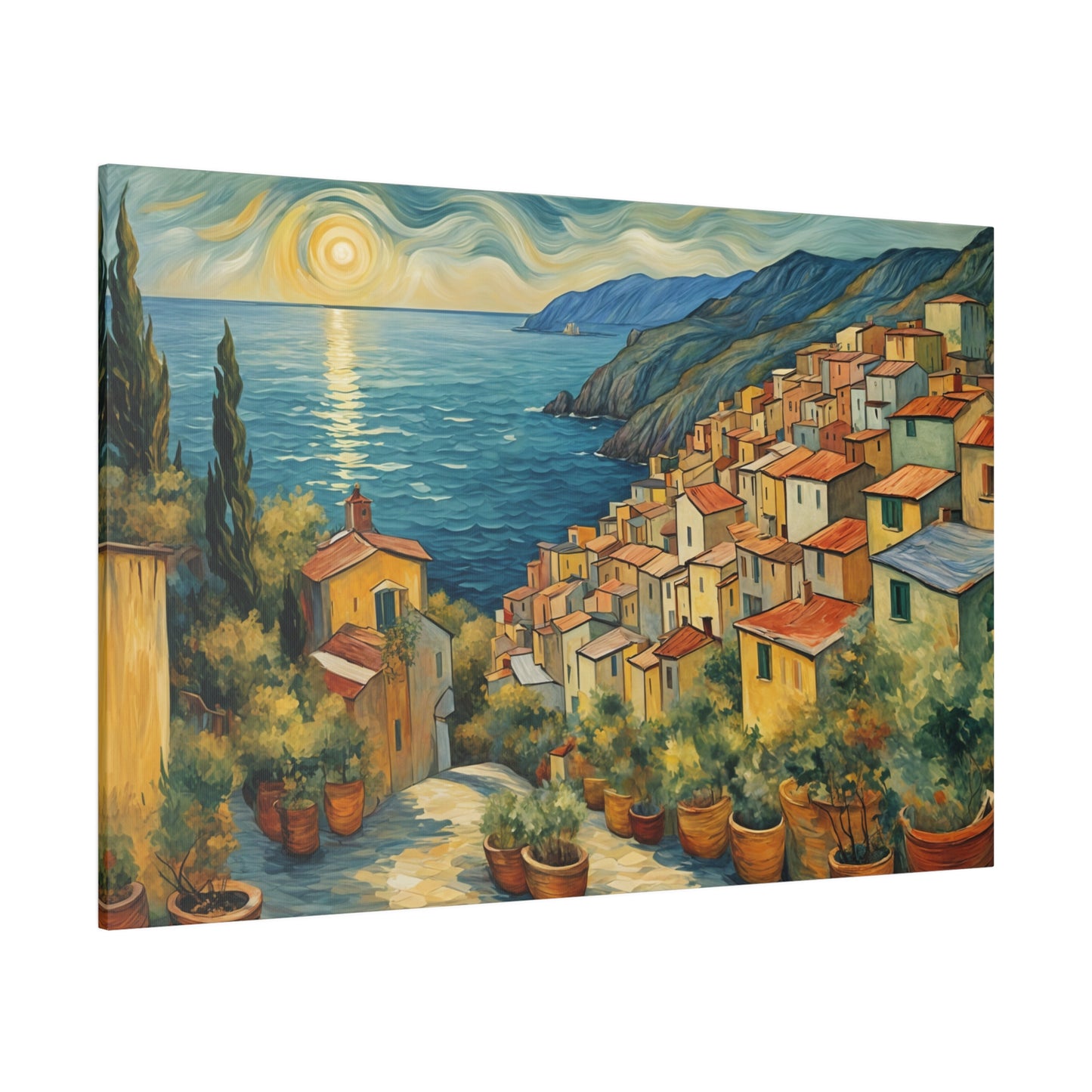 This print evokes a sense of tranquility and wonder, capturing the serene beauty of the Italian coast at sunrise. Van Gogh’s unique style infuses the scene with energy and emotion, making the viewer feel the warmth of the rising sun, the gentle breeze from the ocean, and the timeless charm of the coastal town. The combination of vivid colors, dynamic brushstrokes, and harmonious composition creates a captivating and immersive experience, transporting the viewer to this idyllic seaside retreat.