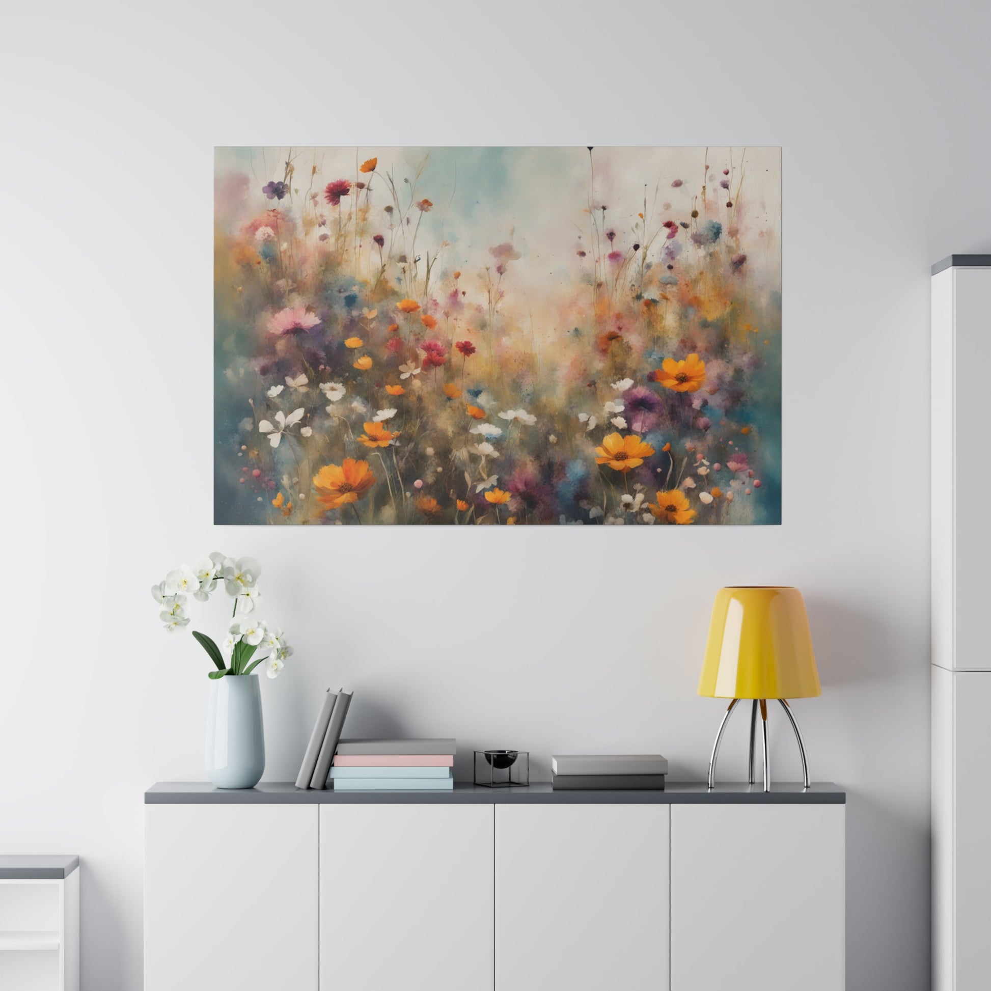 Step into the enchanting world of "Wildflower Symphony," a captivating print that celebrates the vibrant beauty of a field filled with wildflowers. This stunning piece of art effortlessly blends a variety of soft colors, including blues, violets, purples, and yellows, creating a serene and mesmerizing landscape.