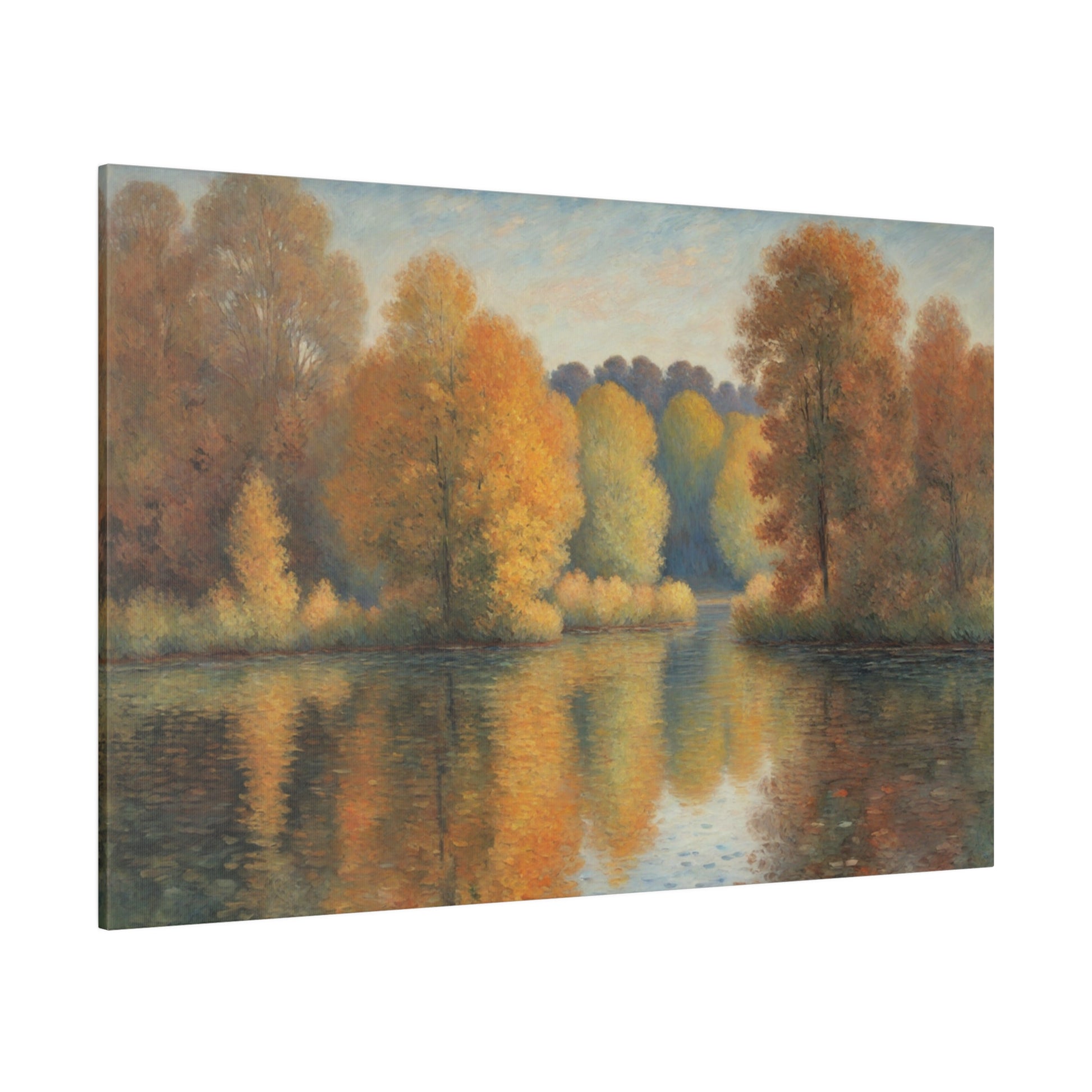 A serene lake reflects a vibrant display of autumn trees with hues of orange, yellow, and red. The soft, pastel sky above complements the tranquil scene, enhancing the overall sense of peace.