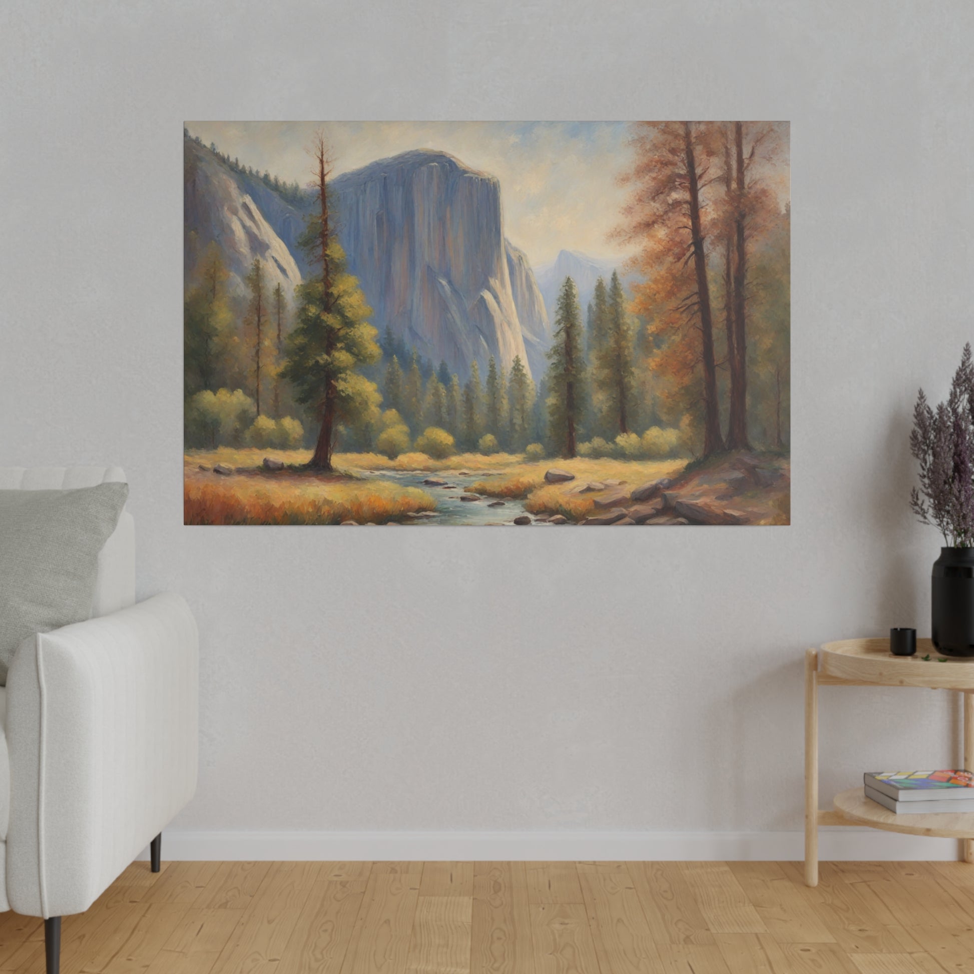 A serene river winds through a lush Yosemite National Park valley, flanked by towering trees and majestic mountains in the background. Soft light enhances the tranquil and picturesque natural scenery.