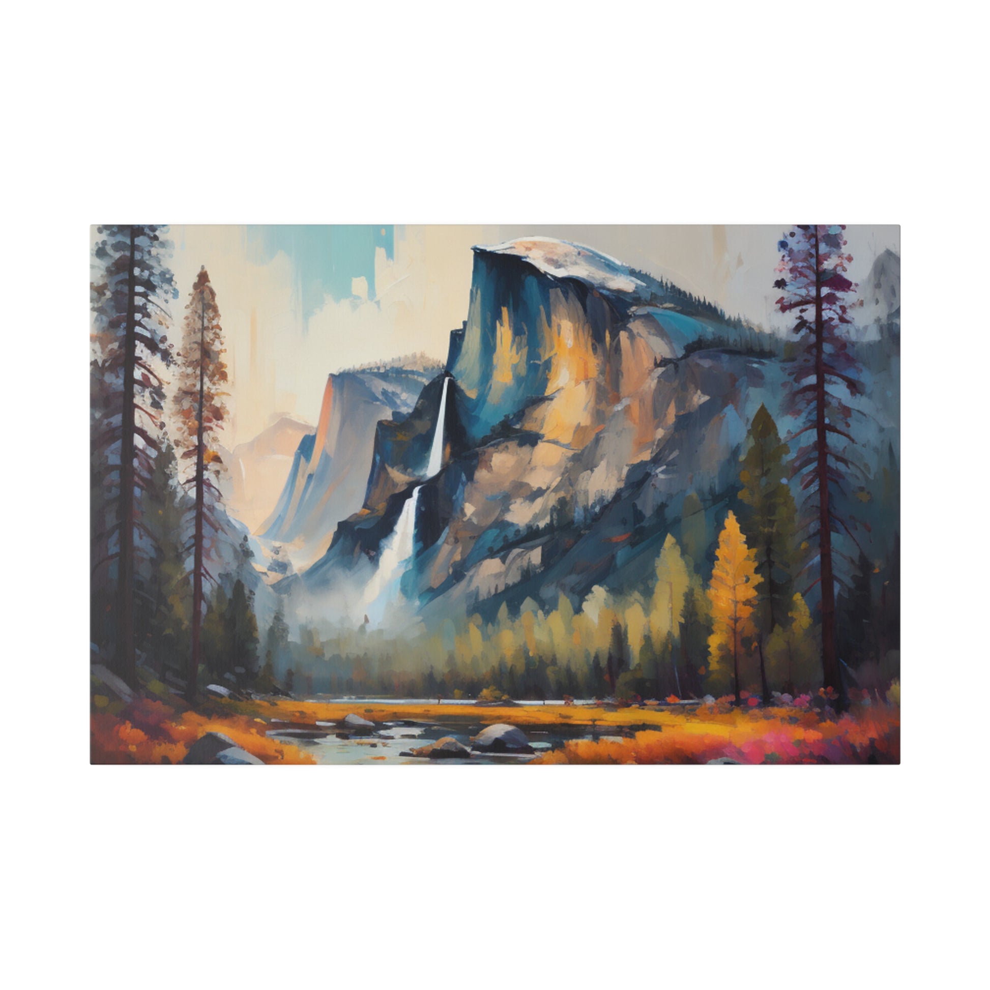 This stunning abstract canvas print, titled "Ethereal Granite Majesty," captures the awe-inspiring beauty of Yosemite National Park through a contemporary and imaginative lens. The artwork reimagines the iconic granite cliffs and lush valleys in a burst of vibrant, swirling colors that merge and dance across the canvas.