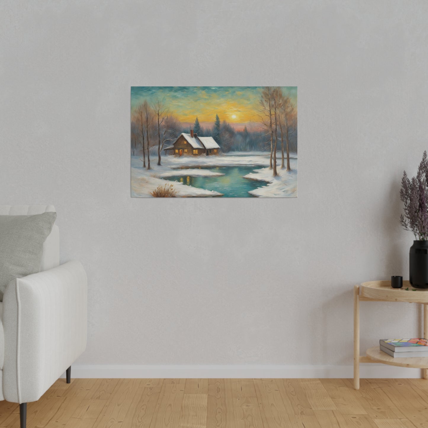 A cozy cabin with a snow-covered roof sits beside a calm, partially frozen pond, surrounded by bare trees and distant evergreen forests under a setting sun. Warm light emanates from the cabin windows, contrasting with the cool tones of the snow and water.