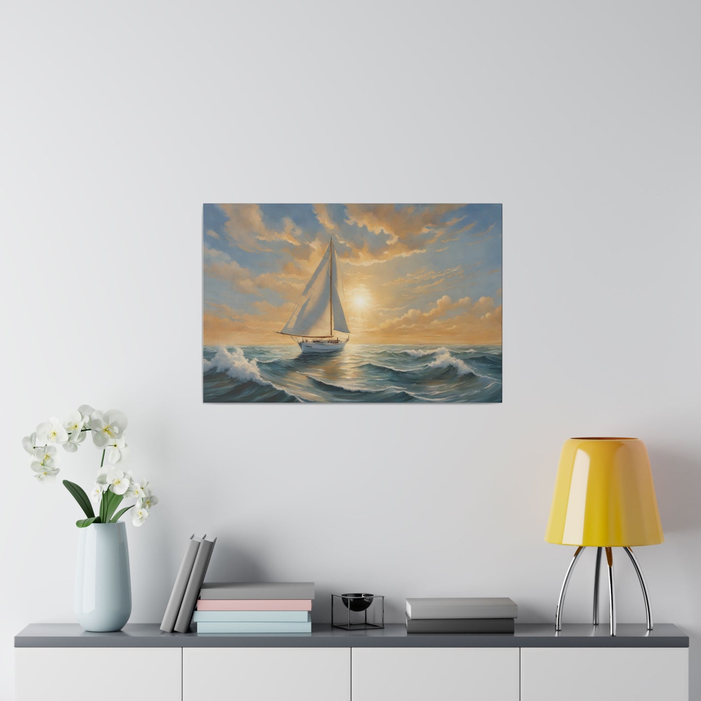 Embark on a journey of tranquil adventure with "Sailing Through Serenity," a captivating print that portrays a sailboat gliding gracefully through choppy ocean waves. Above, the sun breaks through the clouds, casting radiant beams of light onto the restless sea. This artwork combines dynamic movement with serene beauty, making it a perfect piece to bring a touch of nautical elegance to any space.