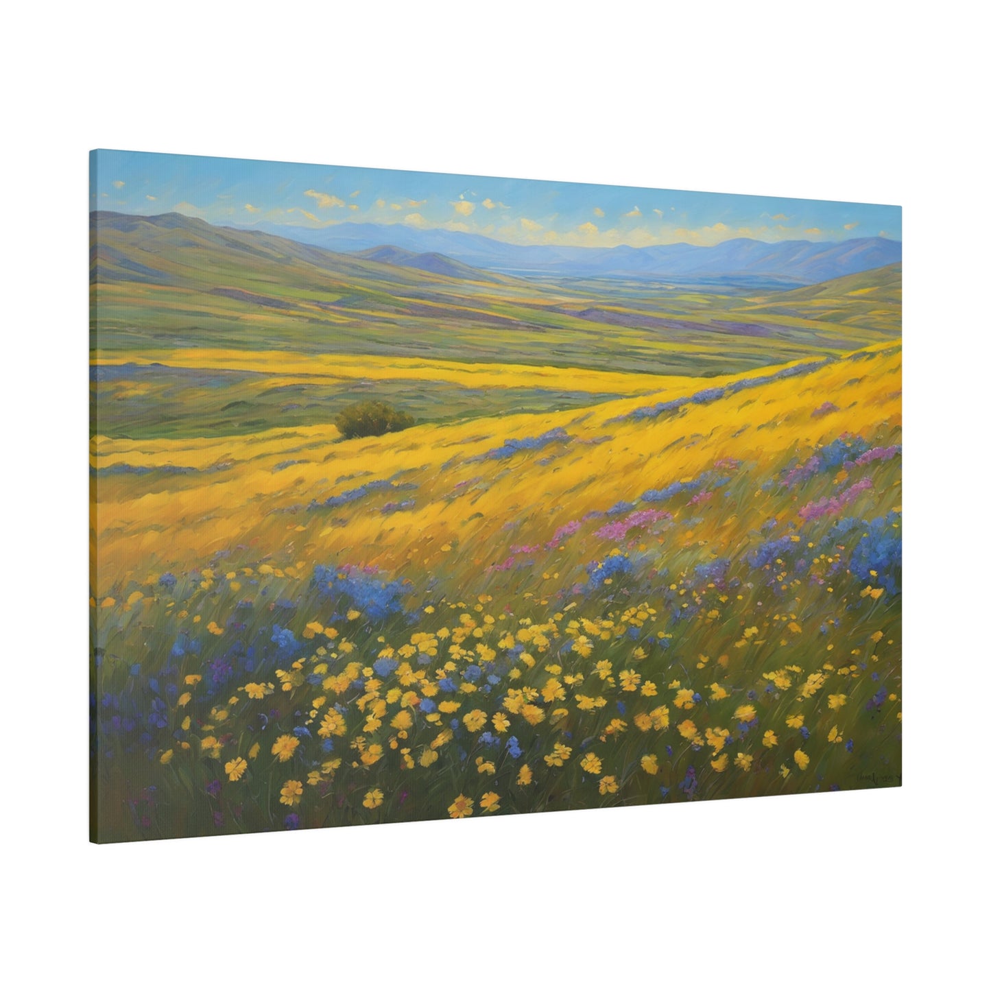 California Carrizo Plain Super Bloom. A vast landscape is covered with vibrant yellow wildflowers, stretching toward rolling hills on the horizon. Blue and purple flowers add a dash of contrasting color against the golden yellow bloom and green grasses swaying under a clear sky.