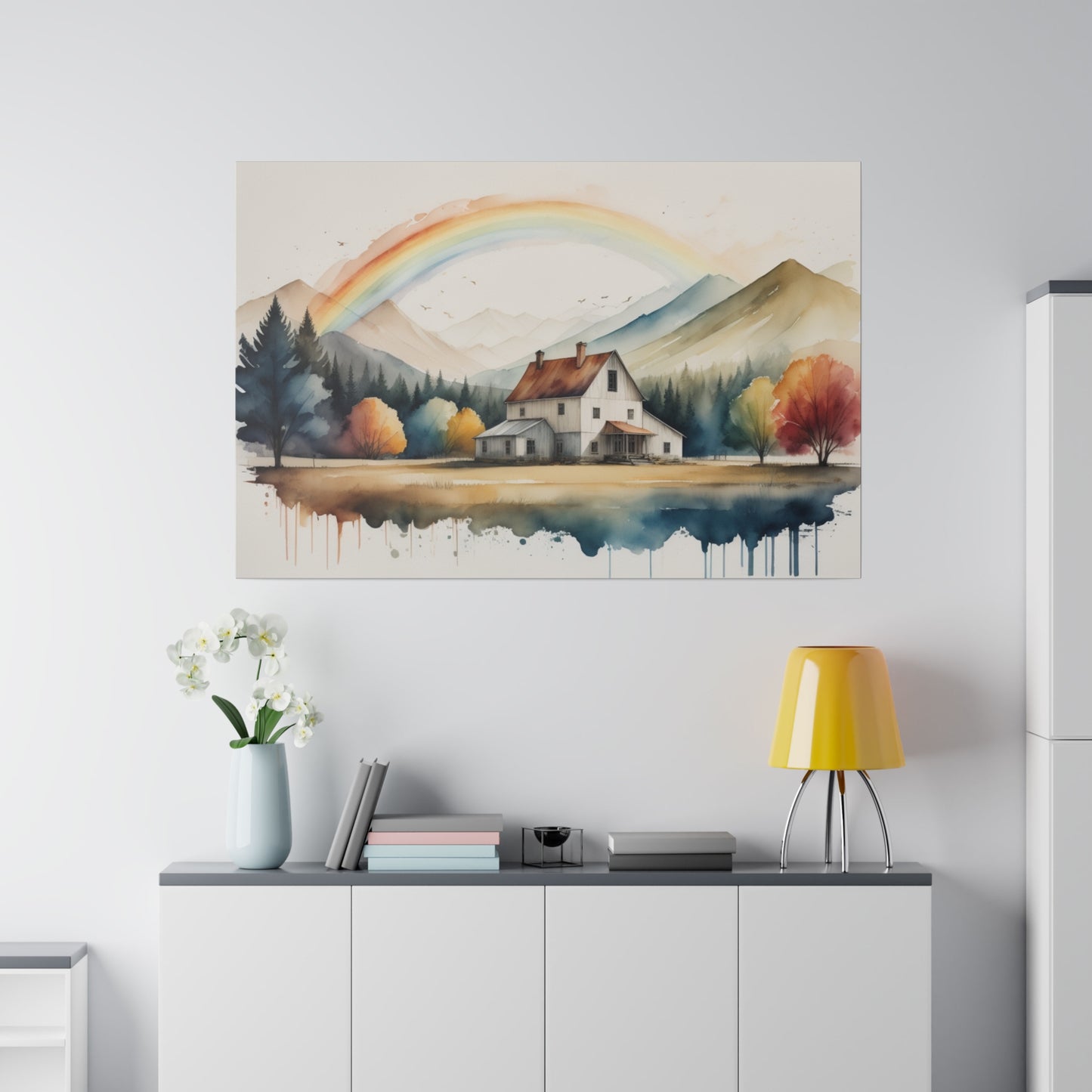 Immerse yourself in the whimsical charm of "Rainbow Over Farmhouse." The artist’s abstract watercolor technique uses fluid, translucent washes to create a dreamy and ethereal landscape. The farmhouse, with its quaint, rustic appeal, sits amidst verdant fields, while the towering mountains in the background add depth and majesty to the scene. The delicate rainbow, emerging after a light shower, casts a magical glow, enhancing the overall sense of peace and wonder. This print is perfect for any room seeking a