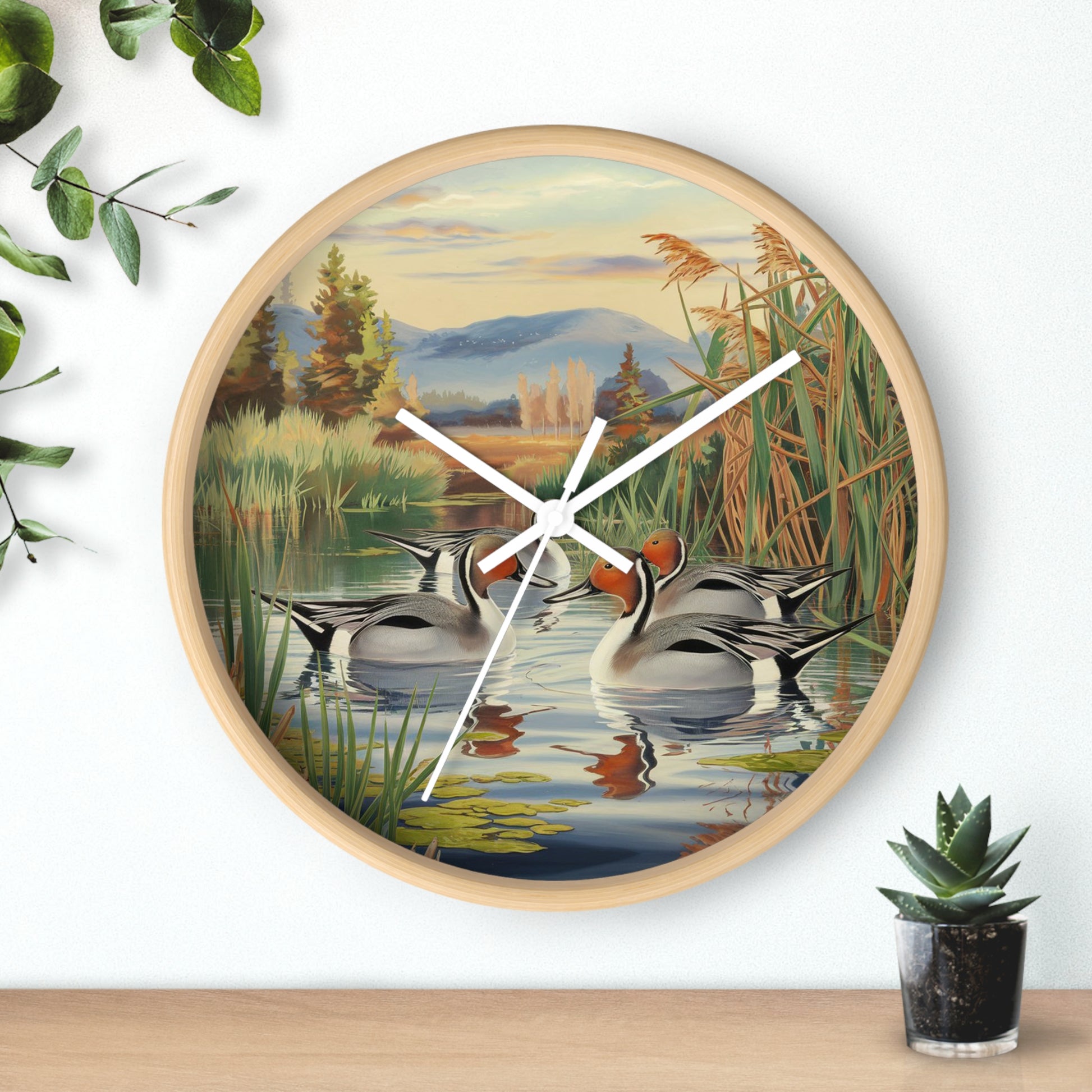 This collection of waterfowl art wall clocks brings the beauty of wetlands into your space, each clock featuring a meticulously crafted scene of waterfowl in natural settings.