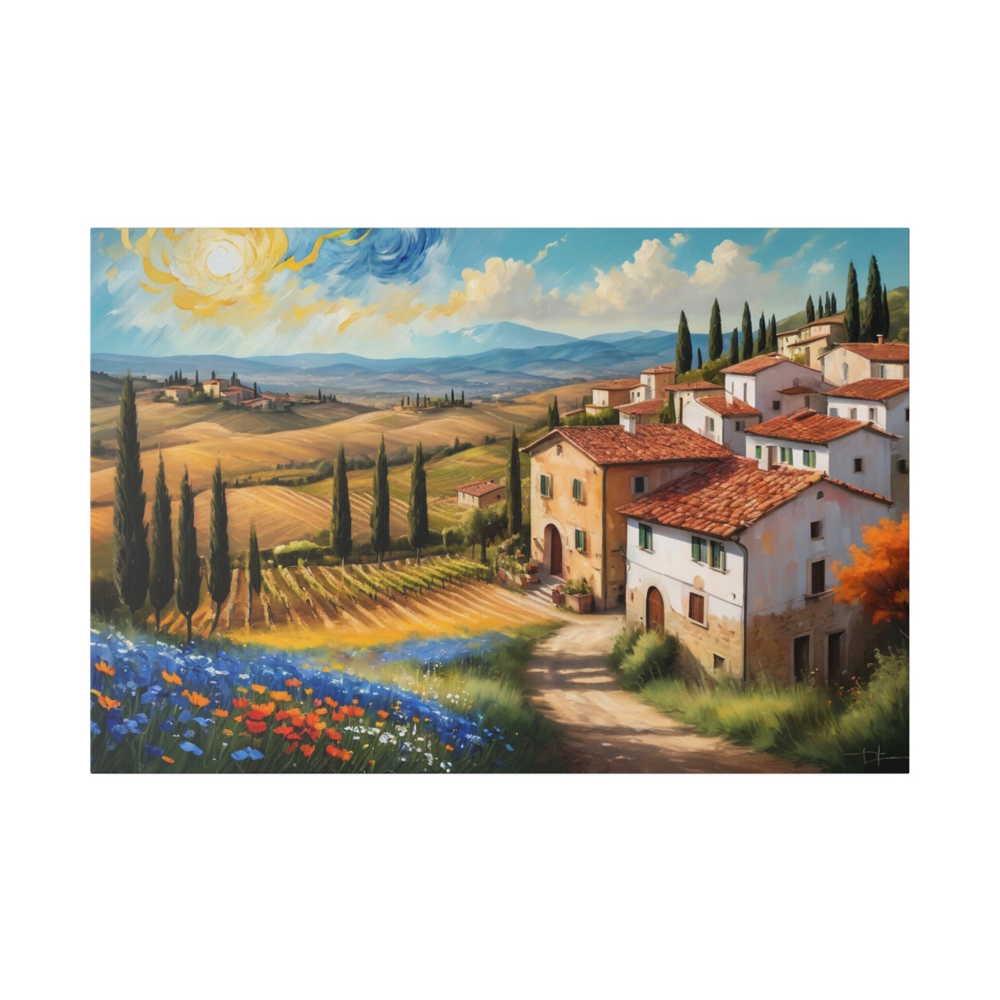 Experience the beauty and romance of Italy's Tuscany region with our stunning Van Gogh style wine country print. Transport yourself to rolling hills, vineyards, and picturesque villages with this vibrant and captivating piece. Perfect for adding a touch of sophistication and wanderlust to any space.