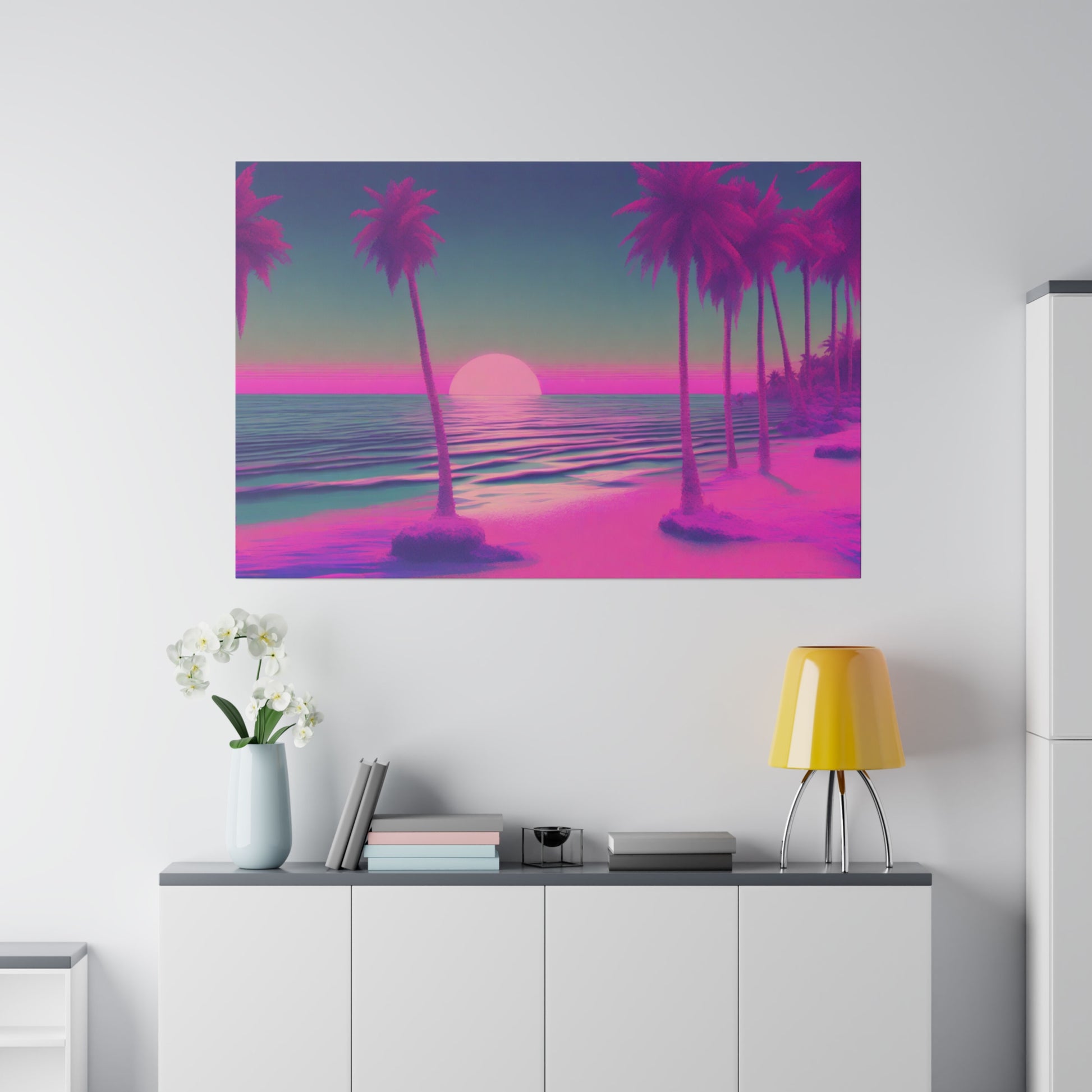 Escape to the whimsical beauty of "Pink Paradise," a captivating seascape print that transports you to an otherworldly beach where shades of pink and blue blend harmoniously. This enchanting artwork features a pink beach and a striking pink palm tree, all set against a mesmerizing sunset sky painted in soft hues of pink and blue. Perfect for adding a touch of dreamy serenity to any space, this print transforms your decor into a tranquil coastal retreat.