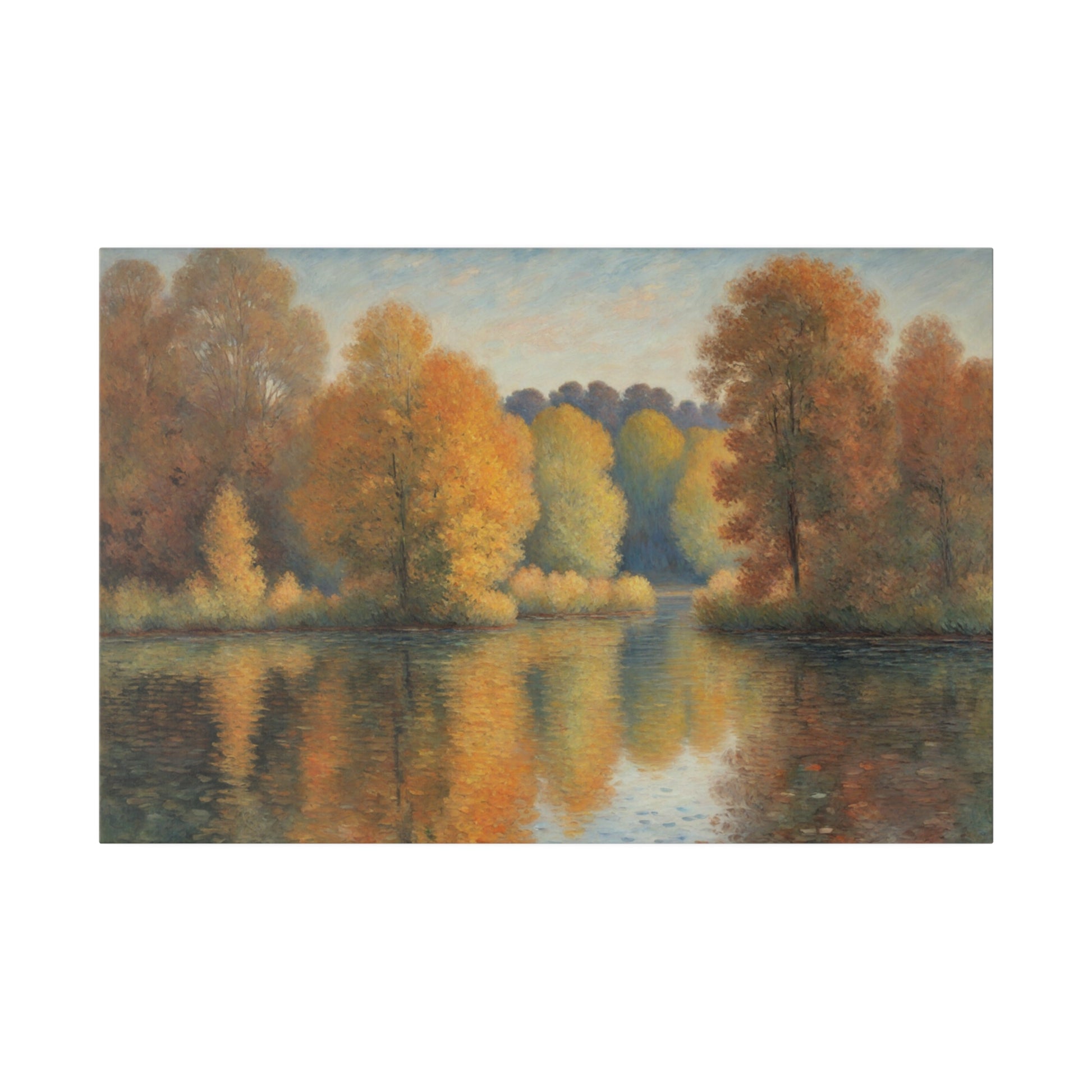 A serene lake reflects a vibrant display of autumn trees with hues of orange, yellow, and red. The soft, pastel sky above complements the tranquil scene, enhancing the overall sense of peace.