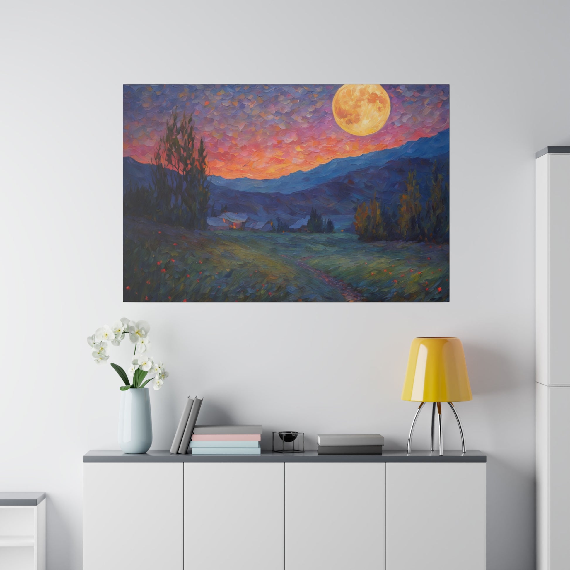 Introducing our enchanting Impressionism Van Gogh Style print, featuring the serene beauty of moonlight over a countryside and mountains, a piece that captures the tranquil essence of nature in a timeless, artistic style.