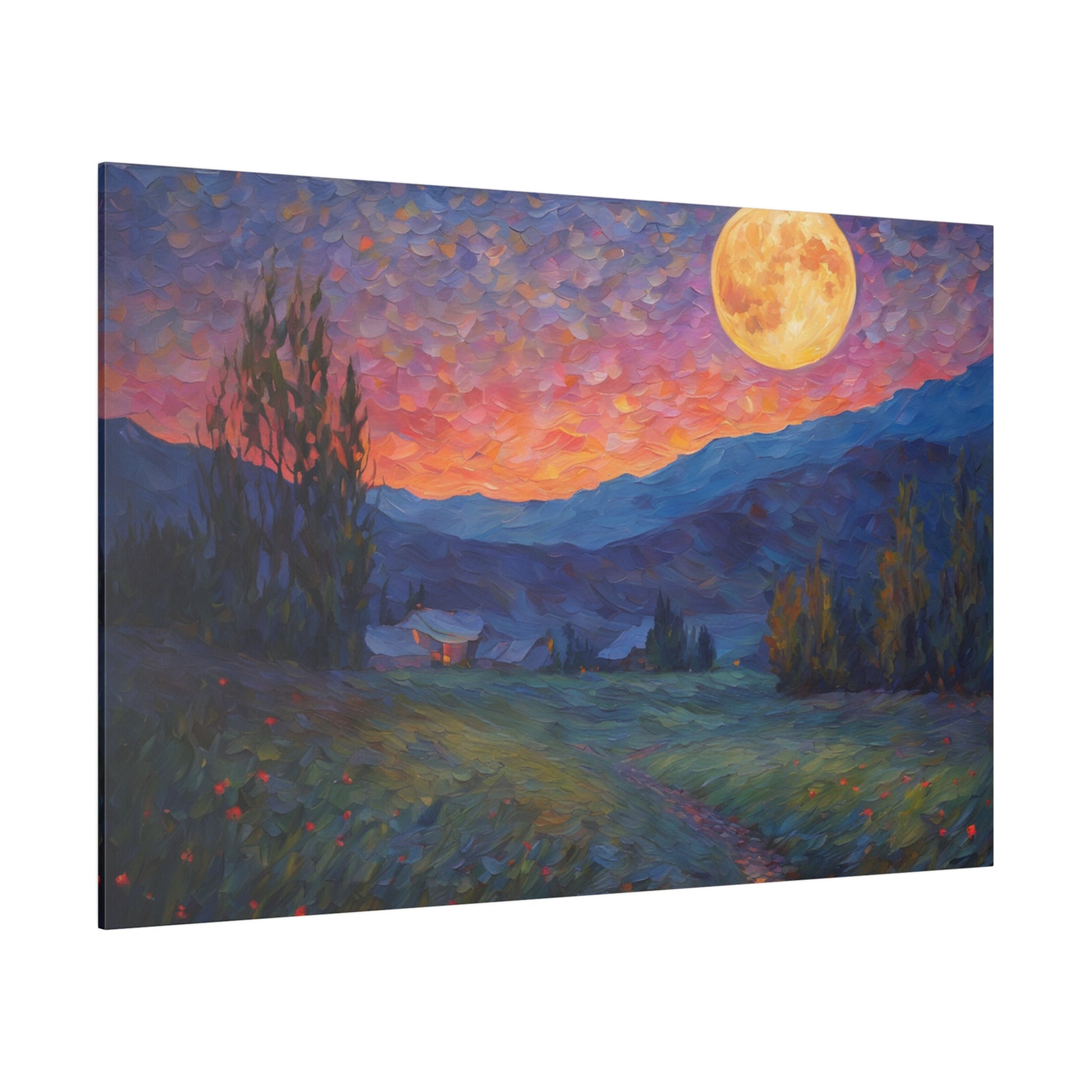 Introducing our enchanting Impressionism Van Gogh Style print, featuring the serene beauty of moonlight over a countryside and mountains, a piece that captures the tranquil essence of nature in a timeless, artistic style.