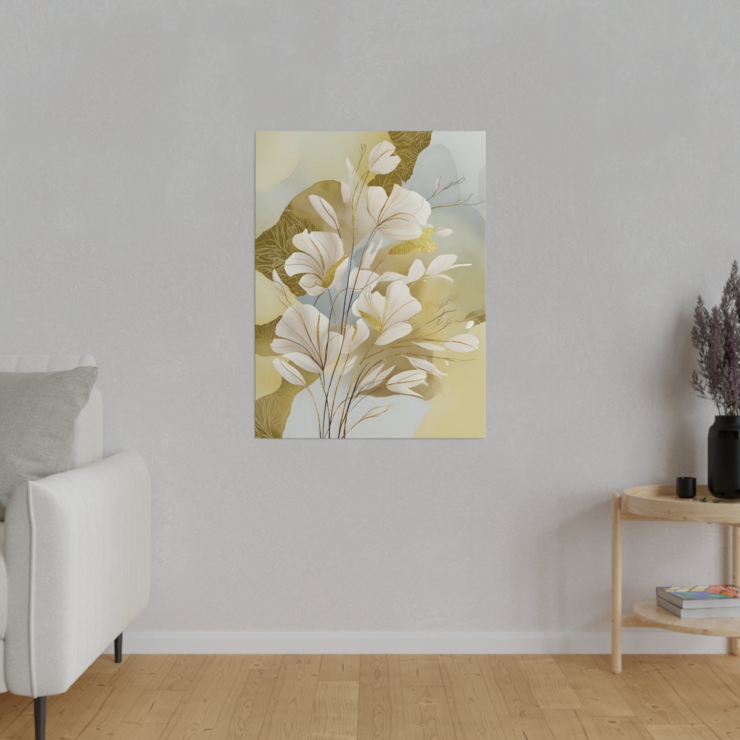 Delicate white flowers with golden accents stand against a soft, abstract background of earthy tones and gentle blues. Thin branches intermingle with the graceful petals, evoking a sense of peaceful elegance.