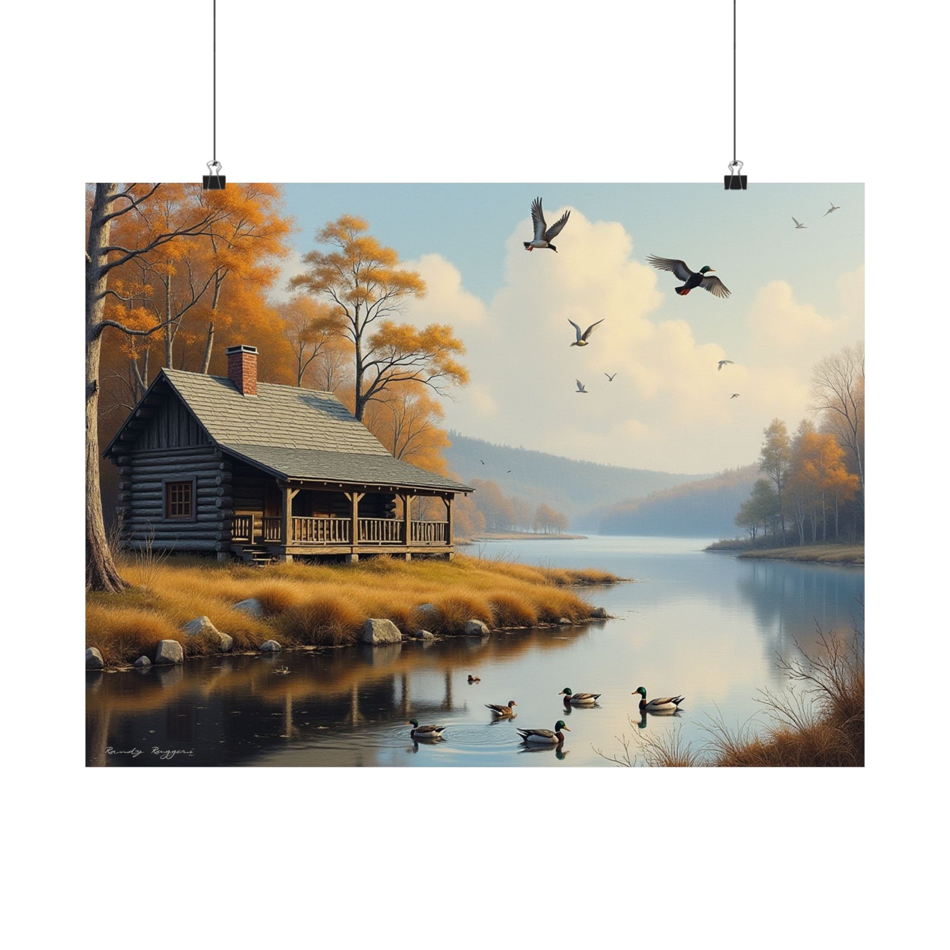 This print depicts a hunter’s hideout nestled along a quiet lakeshore