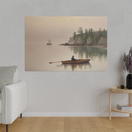 Introducing our evocative impressionism wall art print, capturing the serene journey of an old man on a canoe gliding through tranquil waters along majestic cliffs under a hazy morning sky. This print is a perfect addition to any room, offering a contemplative and peaceful focal point that inspires introspection and appreciation for the beauty of nature and life's quiet moments.