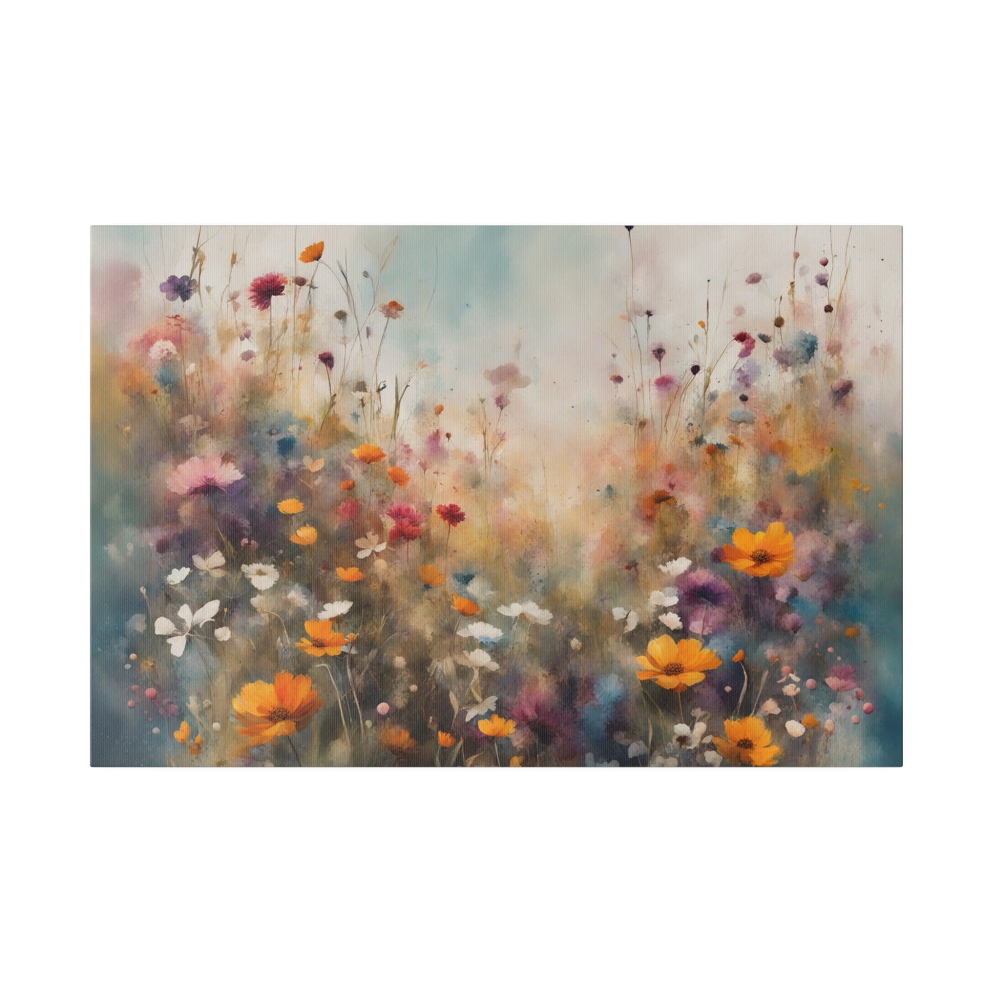 Step into the enchanting world of "Wildflower Symphony," a captivating print that celebrates the vibrant beauty of a field filled with wildflowers. This stunning piece of art effortlessly blends a variety of soft colors, including blues, violets, purples, and yellows, creating a serene and mesmerizing landscape.