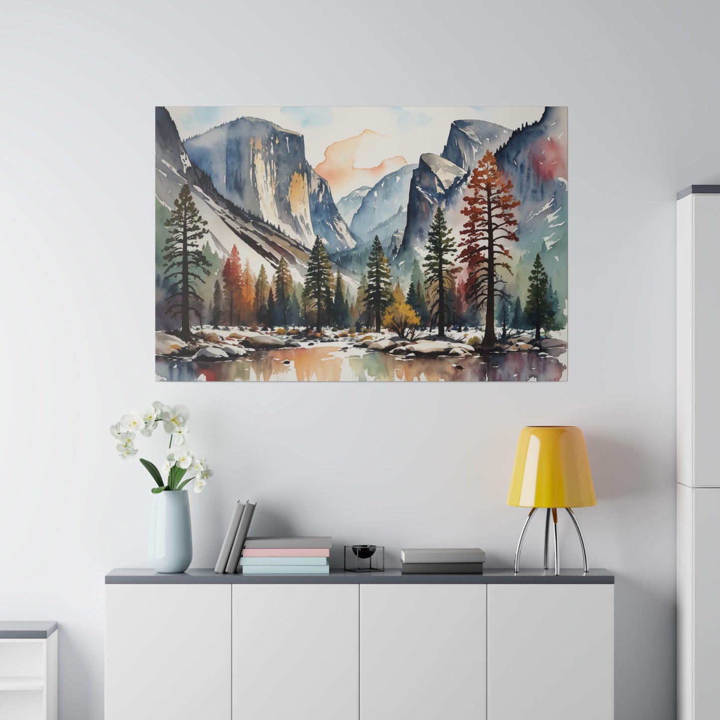 This stunning abstract canvas print, titled "Ethereal Granite Majesty," captures the awe-inspiring beauty of Yosemite National Park through an abstract watercolor imaginative lens. The artwork reimagines the iconic granite cliffs and lush valleys in a burst of vibrant, swirling colors that merge and dance across the canvas.