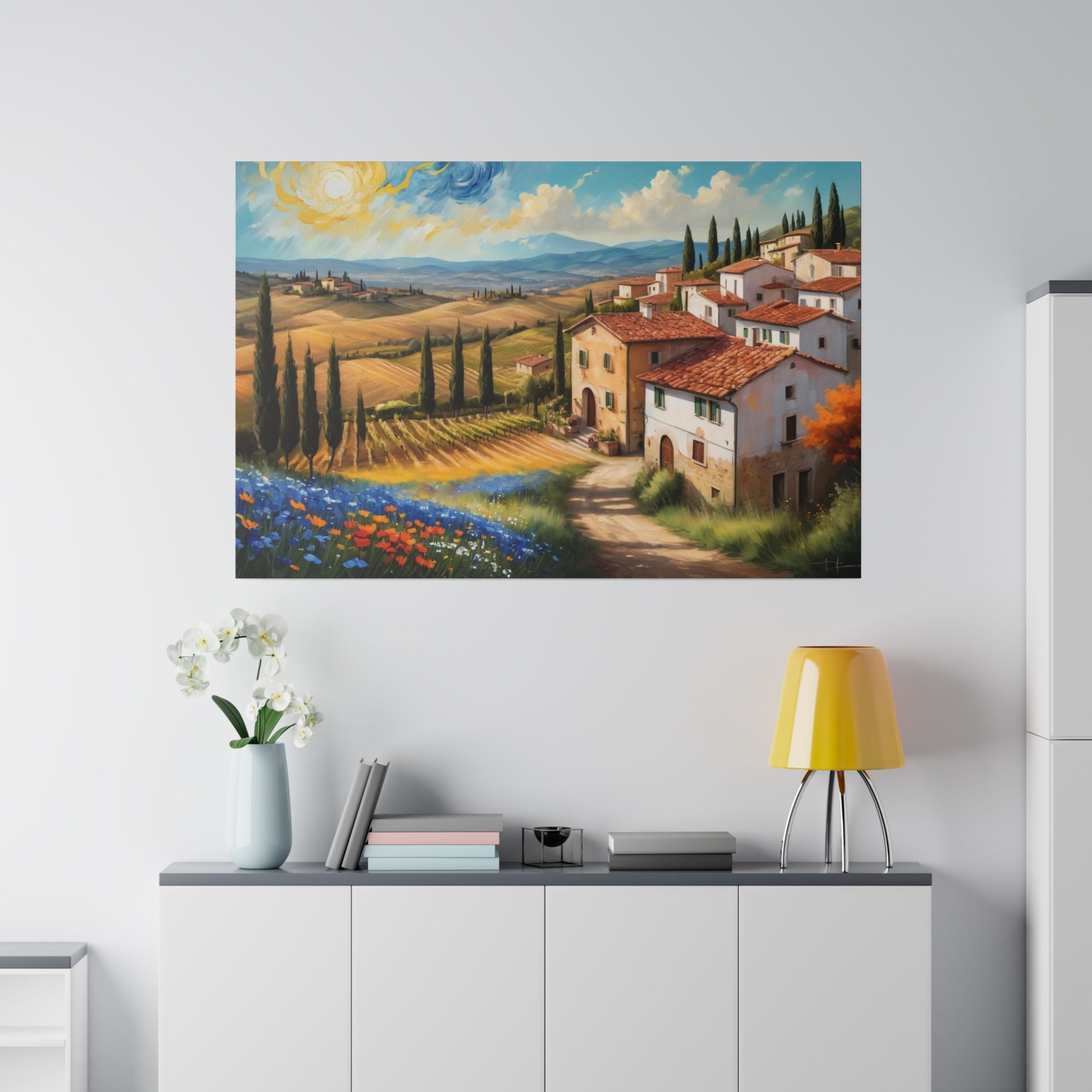 Experience the beauty and romance of Italy's Tuscany region with our stunning Van Gogh style wine country print. Transport yourself to rolling hills, vineyards, and picturesque villages with this vibrant and captivating piece. Perfect for adding a touch of sophistication and wanderlust to any space.