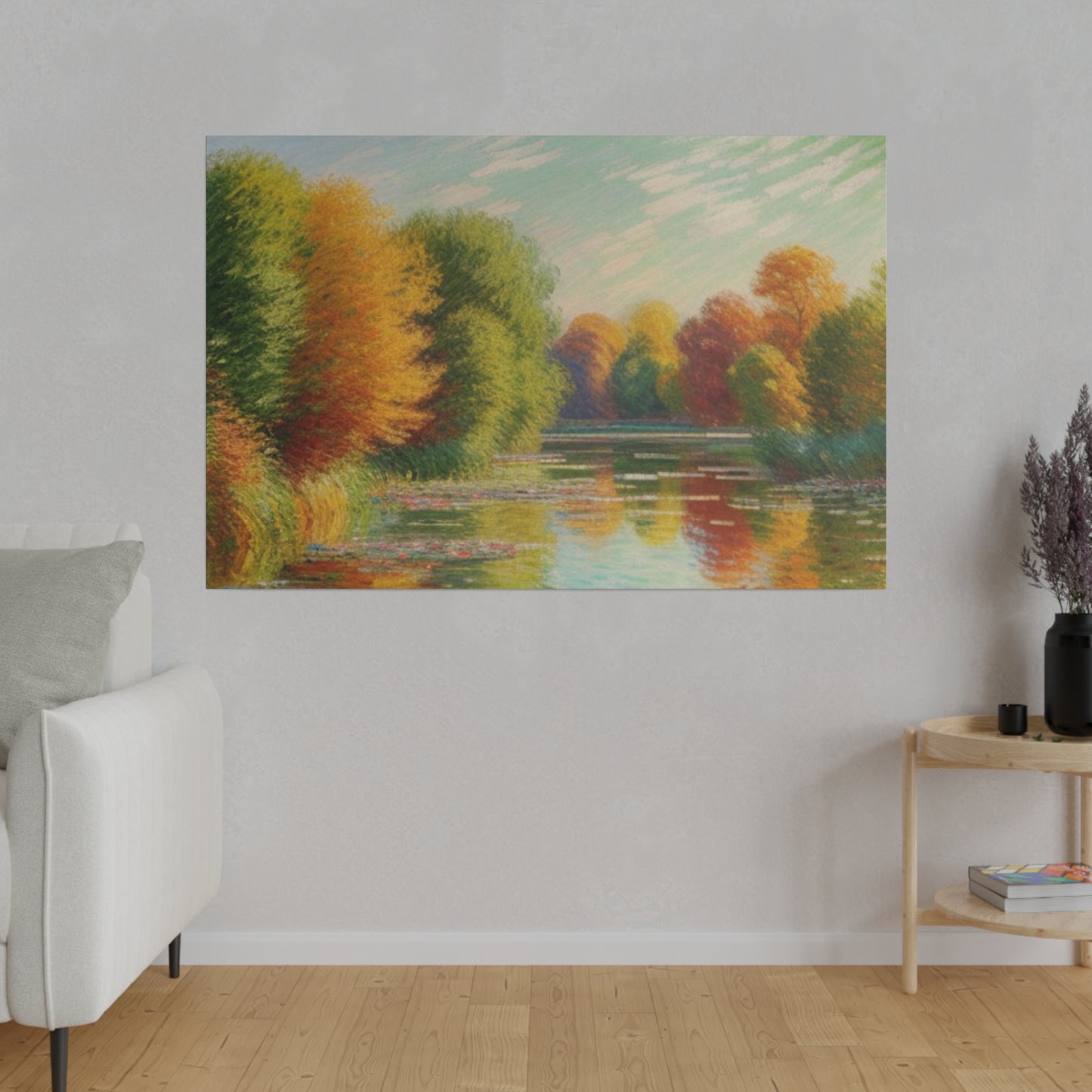 A serene lake reflects a vibrant display of autumn trees with hues of orange, yellow, and red. The soft, pastel sky above complements the tranquil scene, enhancing the overall sense of peace.