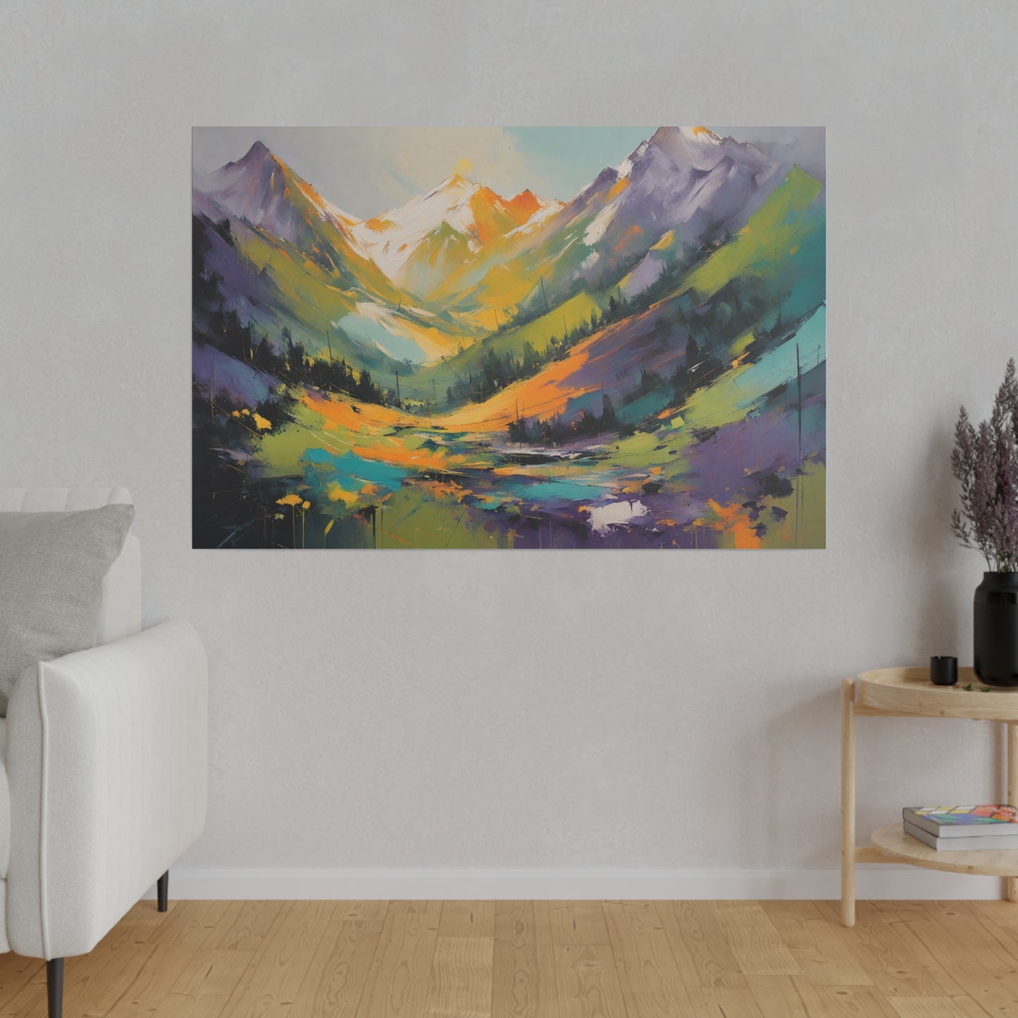 Imagine a vibrant, abstract print of the Sierra Nevada Mountains. The valley is awash with bold, sweeping colors bright oranges, and vivid purples—creating a sense of dynamic movement and energy. These intense hues blend and transition seamlessly, forming a dramatic tapestry that flows upward.