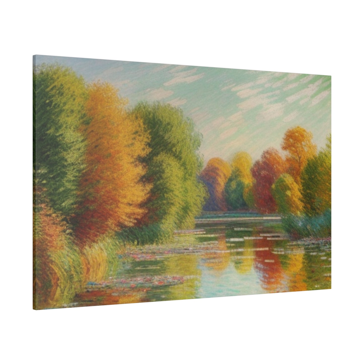 A serene lake reflects a vibrant display of autumn trees with hues of orange, yellow, and red. The soft, pastel sky above complements the tranquil scene, enhancing the overall sense of peace.