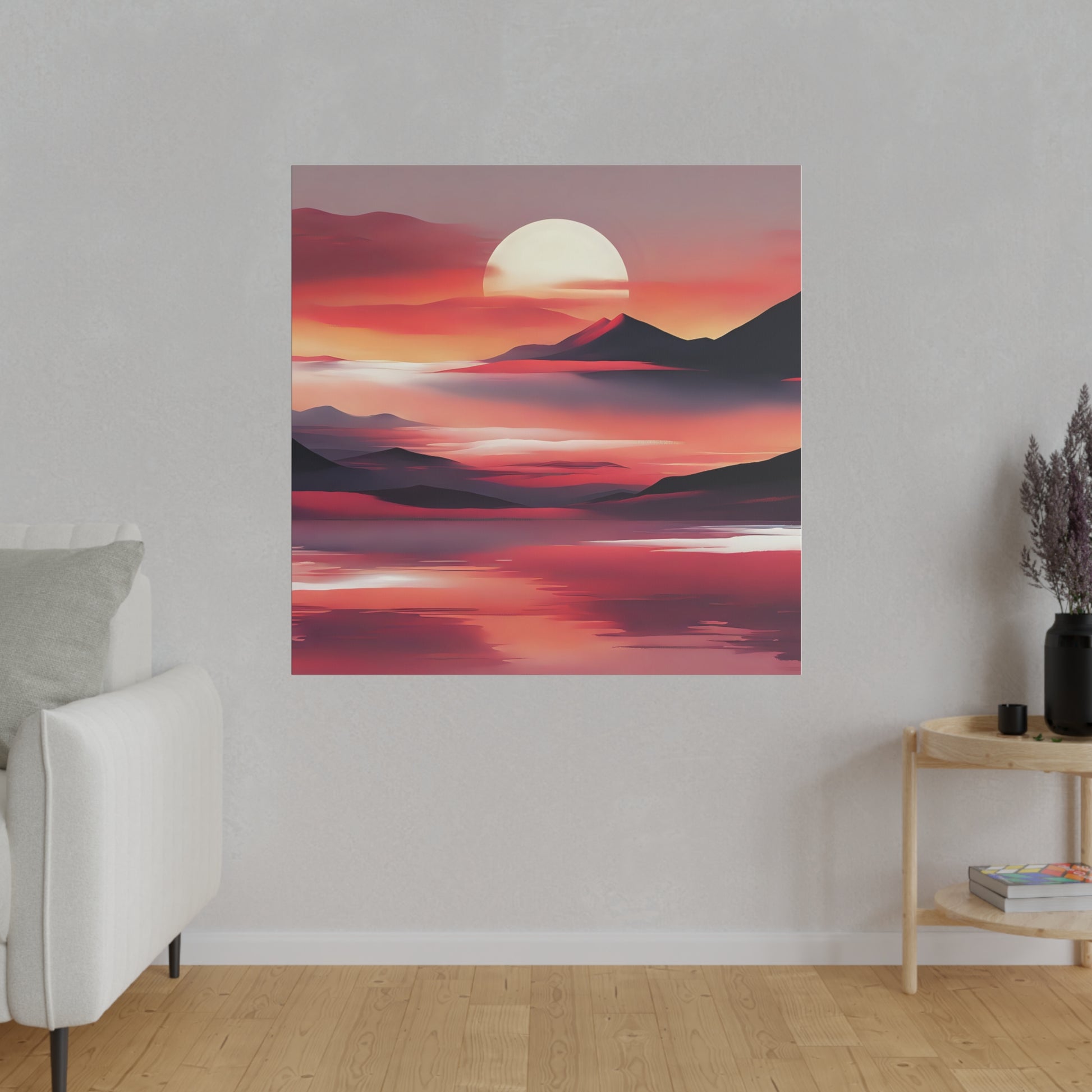 Bring a sense of timeless tranquility to your home with "Sunset Reverie." The soothing colors and abstract forms create a calming influence, making it perfect for spaces designed for relaxation and reflection. Whether it's in a living room, bedroom, or office, this print elevates the ambiance with its serene and elegant portrayal of a mountain sunset. It’s a versatile addition that complements both modern and traditional interiors.