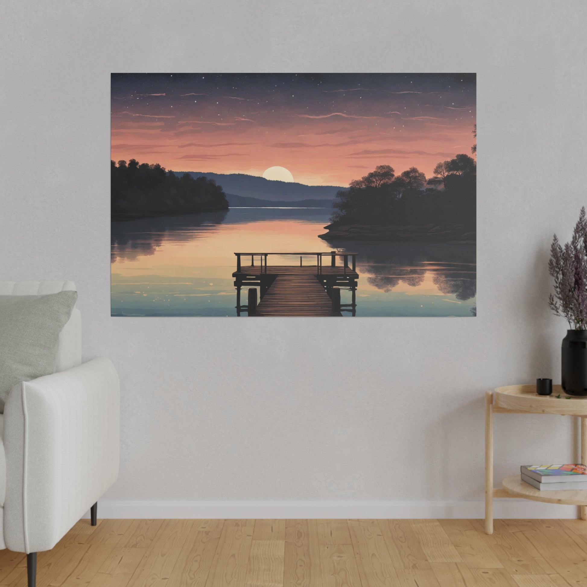 A serene sunset casts warm hues over a smooth lake, with a wooden dock leading into the still water. Stars begin to pepper the dusk sky as the final slice of the sun dips behind a distant tree-lined horizon. Tranquil Serenity Lake Canvas Print